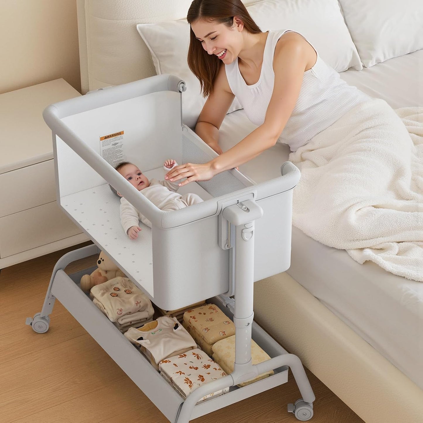 3-in-1 Baby Bassinet, Rocking Bassinet, Bedside Bassinet for Baby, Stable and Secure Bassinet Bedside Sleeper for Newborn & Infant, 6 Height Adjustable with Wheels, Mattress & Breathable Mesh
