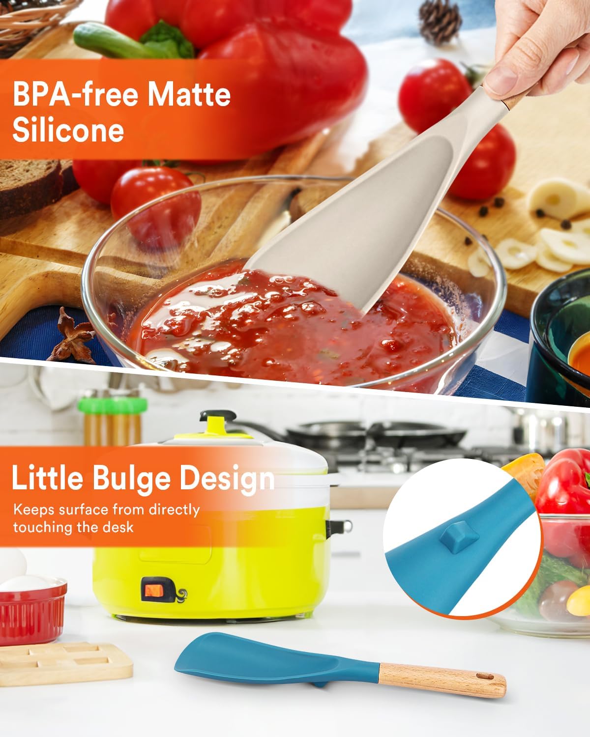Cooking Spoon for Nonstick Cookwares, Great for Cooking and Serving Sturdy BPA-Free Matte Silicone, Wood Handle Spoon for Mixing, Scoop, and Scrape (Khaki & Turquoise, 11.4 inch)