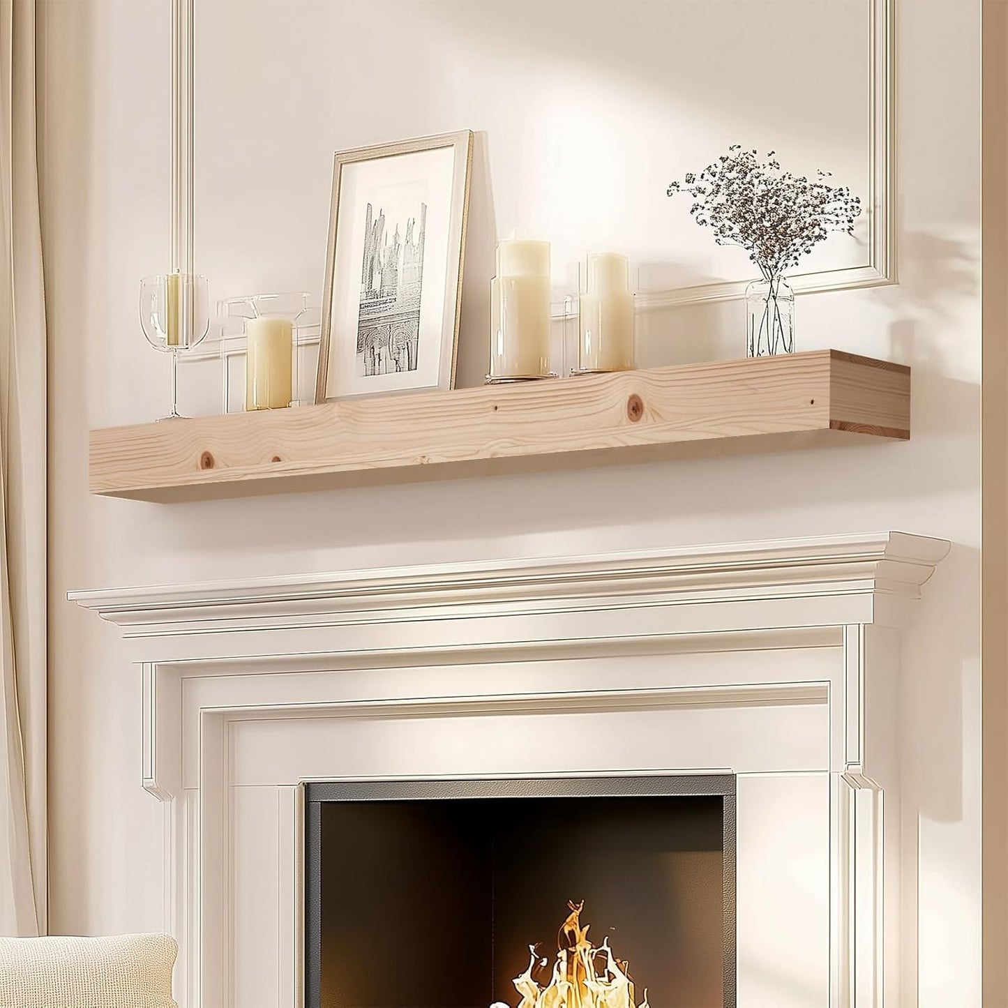 60x8x3 Fireplace Mantel - Handcrafted Hollow Rustic Solid Wood Wall Mounted Floating Shelf - DIY Color - with Invisible Heavy Duty Wood Bracket