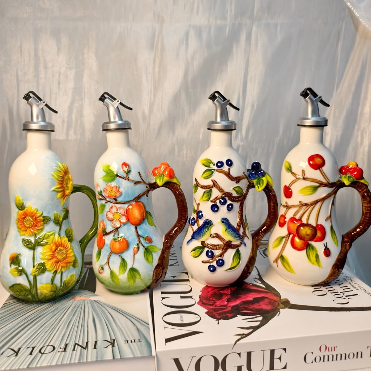 18 Oz Hand Painted Relief Ceramic Olive Oil Bottle Dispenser for Kitchen, Oil and Vinegar Bottle, Seasoning Bottle with Stainless Steel Nozzle, 540mL Oil Container with Handle for Cooking, Light Proof