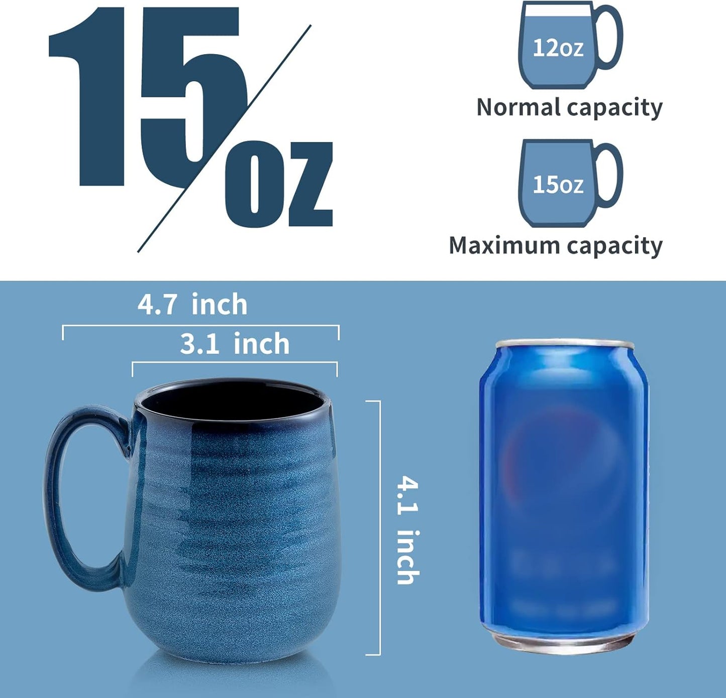 Hasense Porcelain Coffee Mugs Set of 6, 15 Ounce Large Ceramic Coffee Cups Set with Handle for Latte, Tea, Cocoa and Hot Chocolate, Blue Coffee Mugs for Men and Women, Microwave Safe