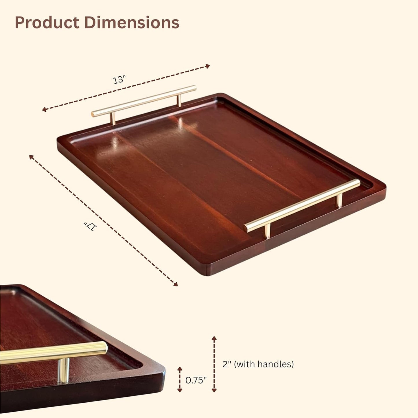 Acacia Wood Serving Tray – 17" x 13" Ottoman Tray with Metal Handles for Coffee Table, Breakfast, Snacks, Tea, Food – Decorative Wooden Tray for Kitchen, Living Room & Bedroom