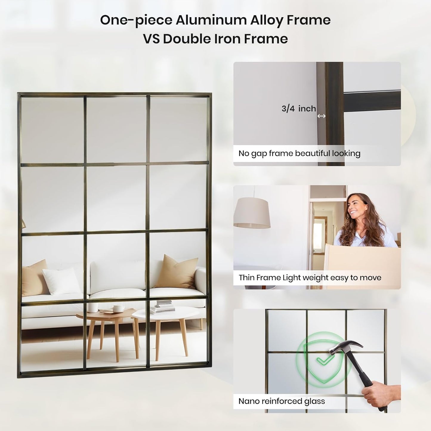 Windowpane Wall Mirror 30"x48" Bronze Wall Mounted Art Pane Mirror Farmhouse Decorative Mirror Leaning Hanging Wall Mirror for Bedroom Living Room Entrance Hallway Wall Decor