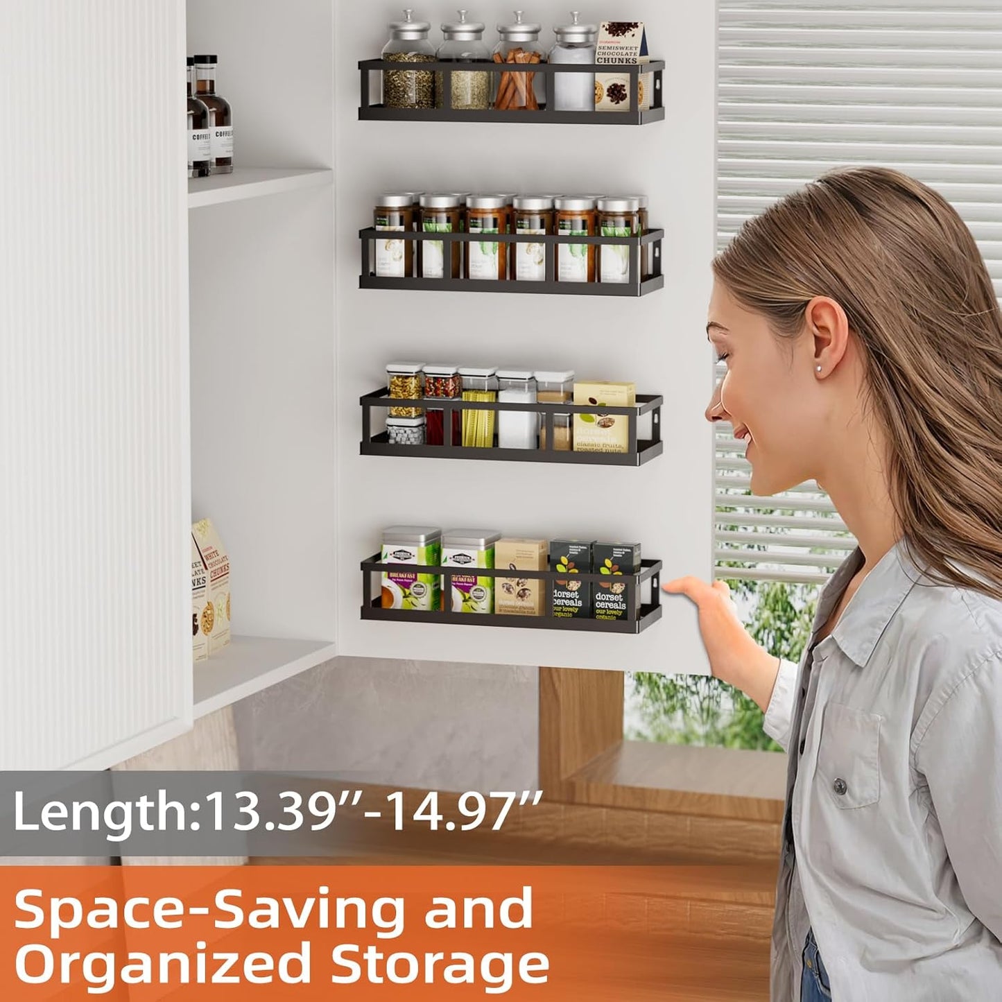 Over The Door Pantry Organizer, 8 Pack Spice Rack Wall Mounted & Hanging Storage Baskets Organizer Wall Mount, Large Capacity Metal Spice Shelf for Kitchen Cabinet, Bathroom, Shower, Home Decor