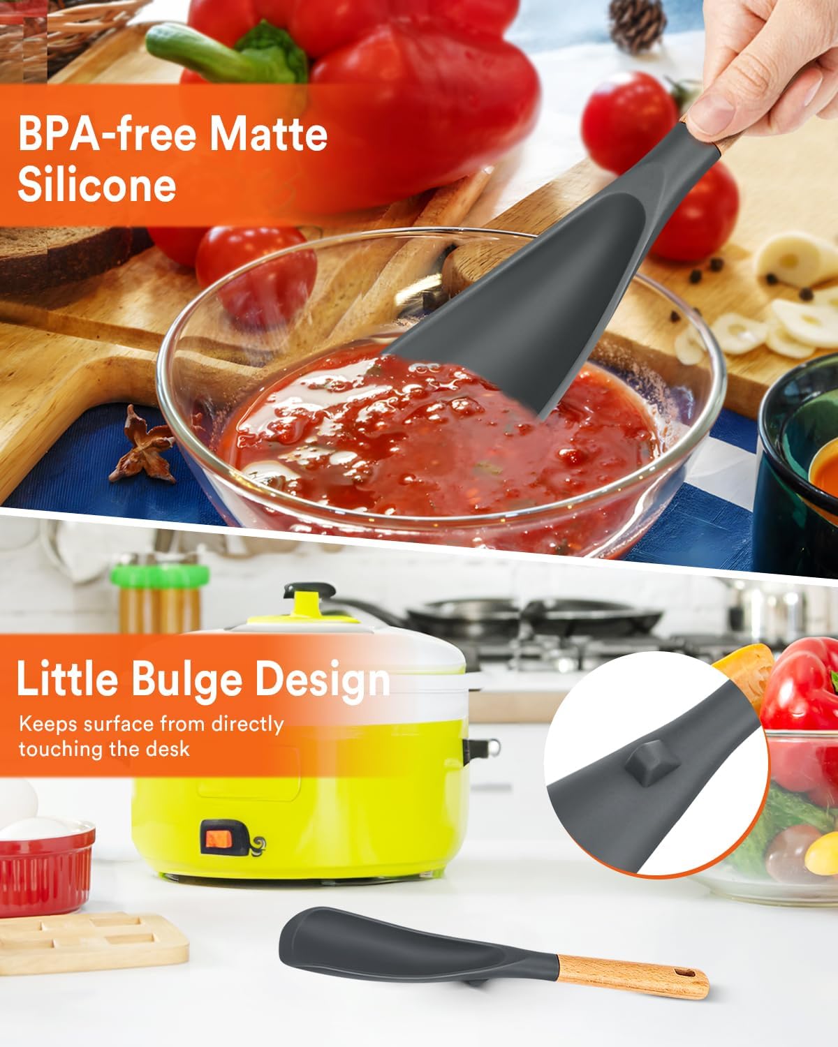 Cooking Spoon for Nonstick Cookwares, Great for Cooking and Serving Sturdy BPA-Free Matte Silicone, Wood Handle Spoon for Mixing, Scoop, and Scrape (2 Pack of Grey, 11.4 inch)