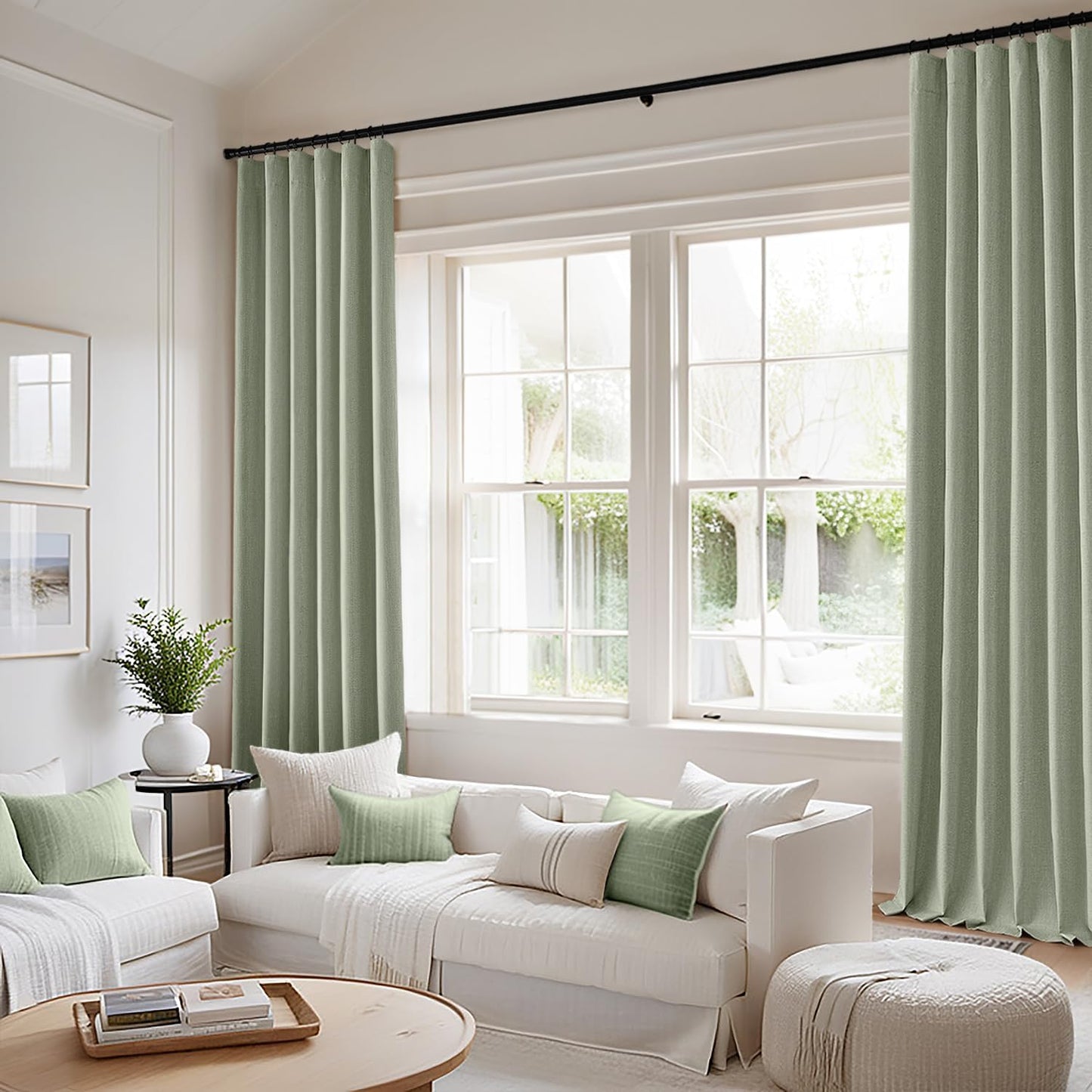 MIULEE 100% Blackout Curtains 108 Inch Long 2 Panels for Bedroom, Thick Luxury Faux Linen Black Out Curtain Room Darkening Back Tab Pleat Window Textured Drapes with Hooks for Living Room, Sage Green