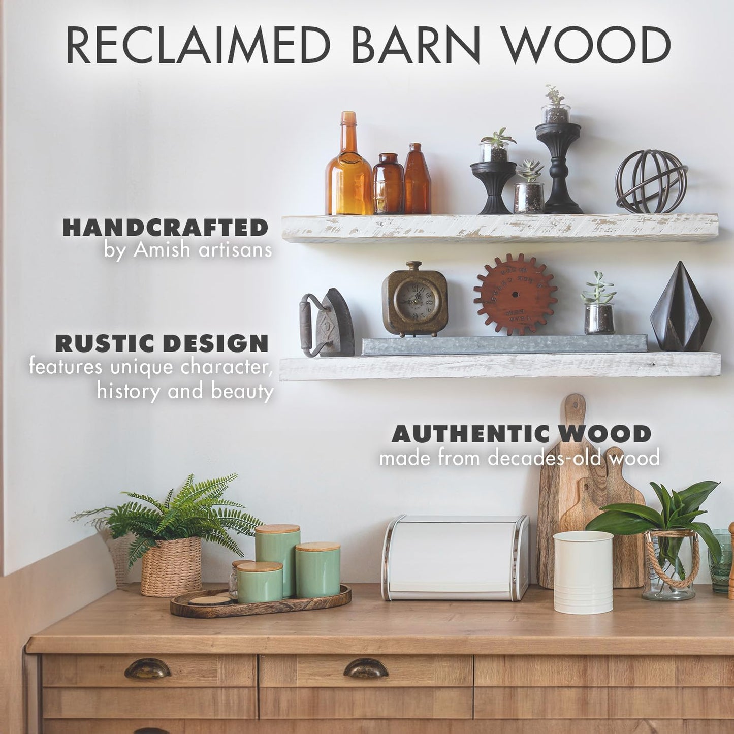 Urban Legacy Reclaimed Barnwood Planks | Floating Shelves for Wall w/Flush Mount Shelf Bracket Set Included | Set of 2 (White Wash, 24"x 4.5"x 2")
