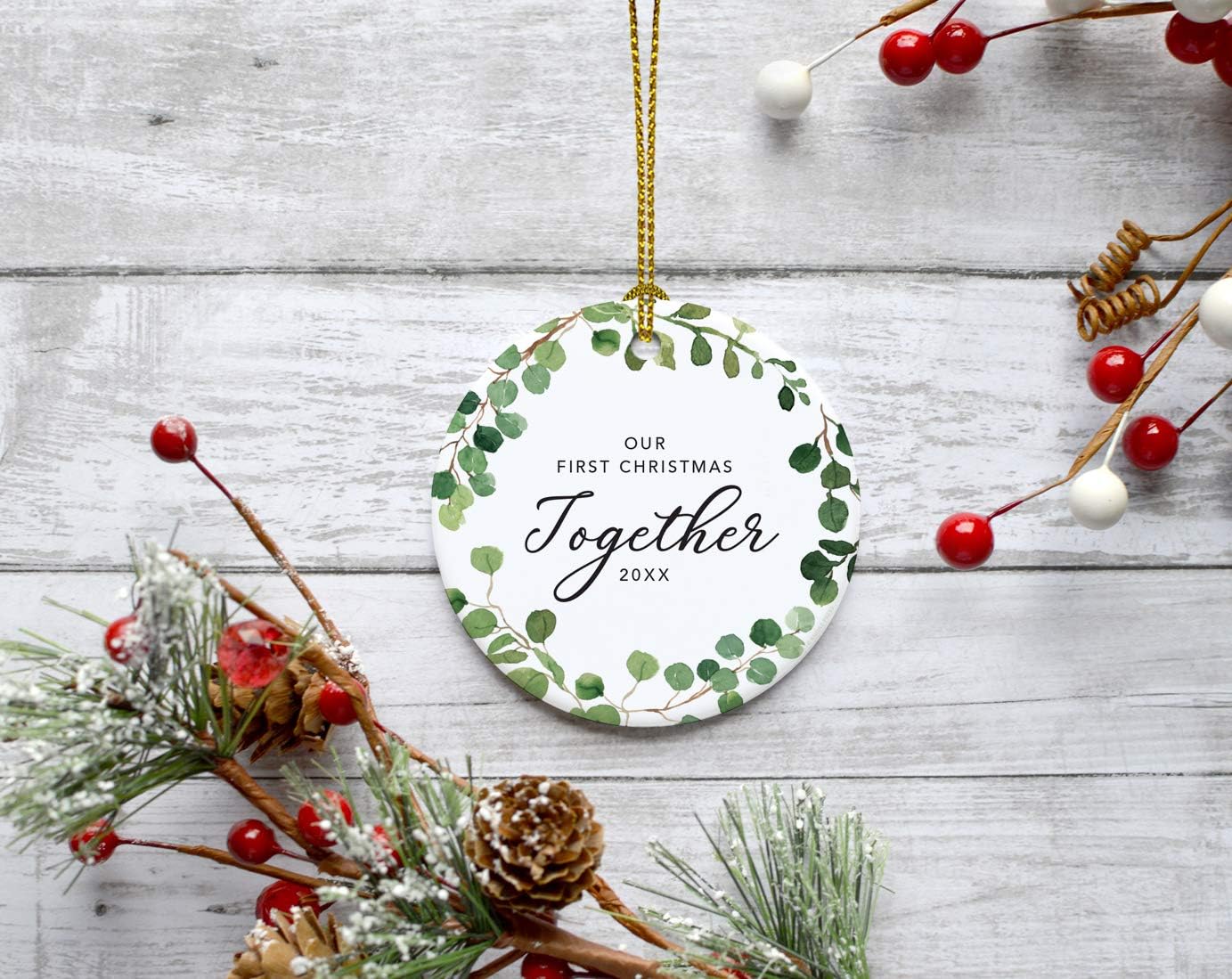 Andaz Press Custom Year Round Ceramic Porcelain Christmas Tree Ornament Keepsake Collectible Gift, Our First Christmas Together 2025, Farmhouse Eucalyptus Wreath, 1-Pack