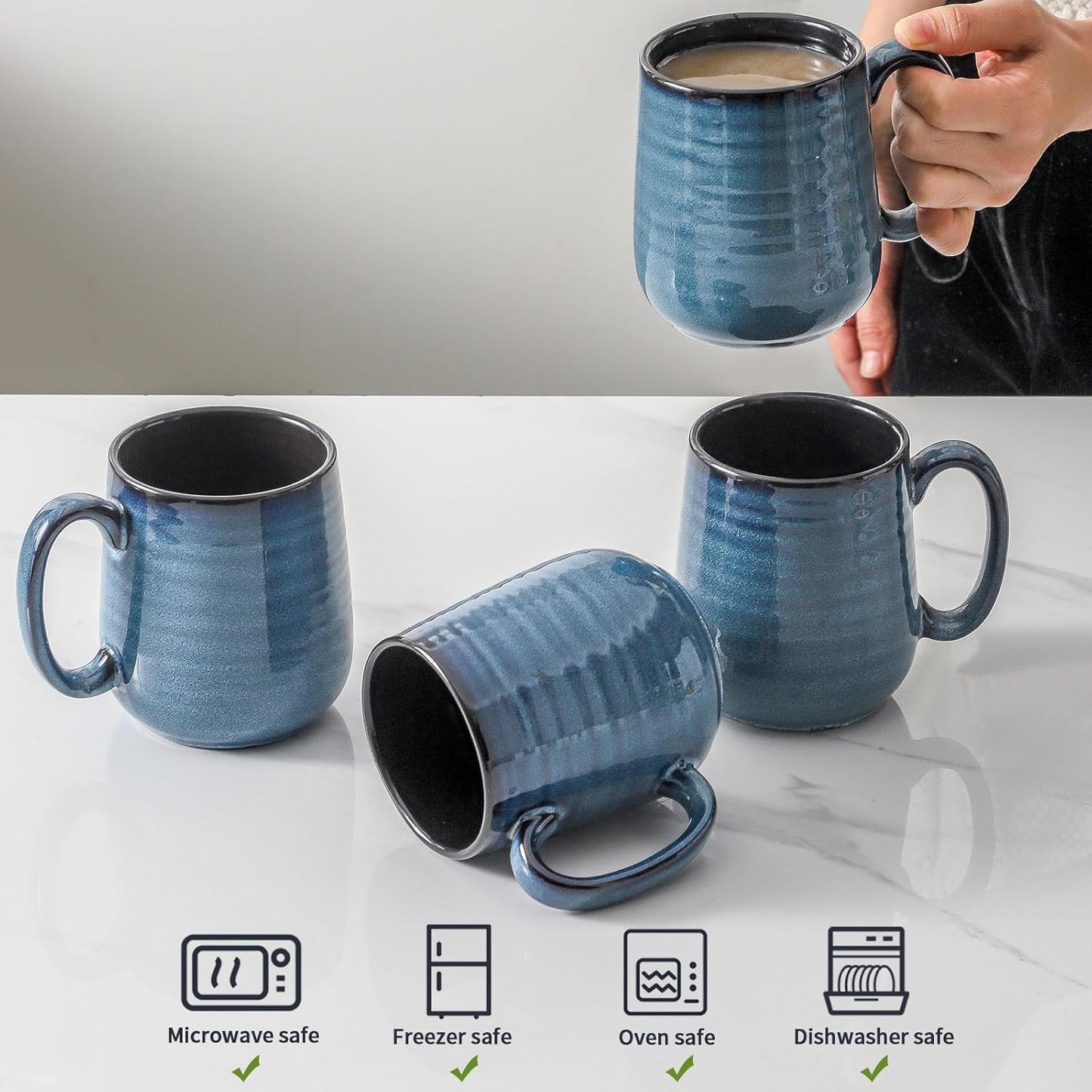 Hasense Coffee Mug Set of 4, 12 Ounce Ceramic Coffee Cups with Handle, Large Mug Set for Coffee, Tea, Chocolate, Modern Mug Gift for Men and women, Dishwasher & Microwave Safe(Blue)