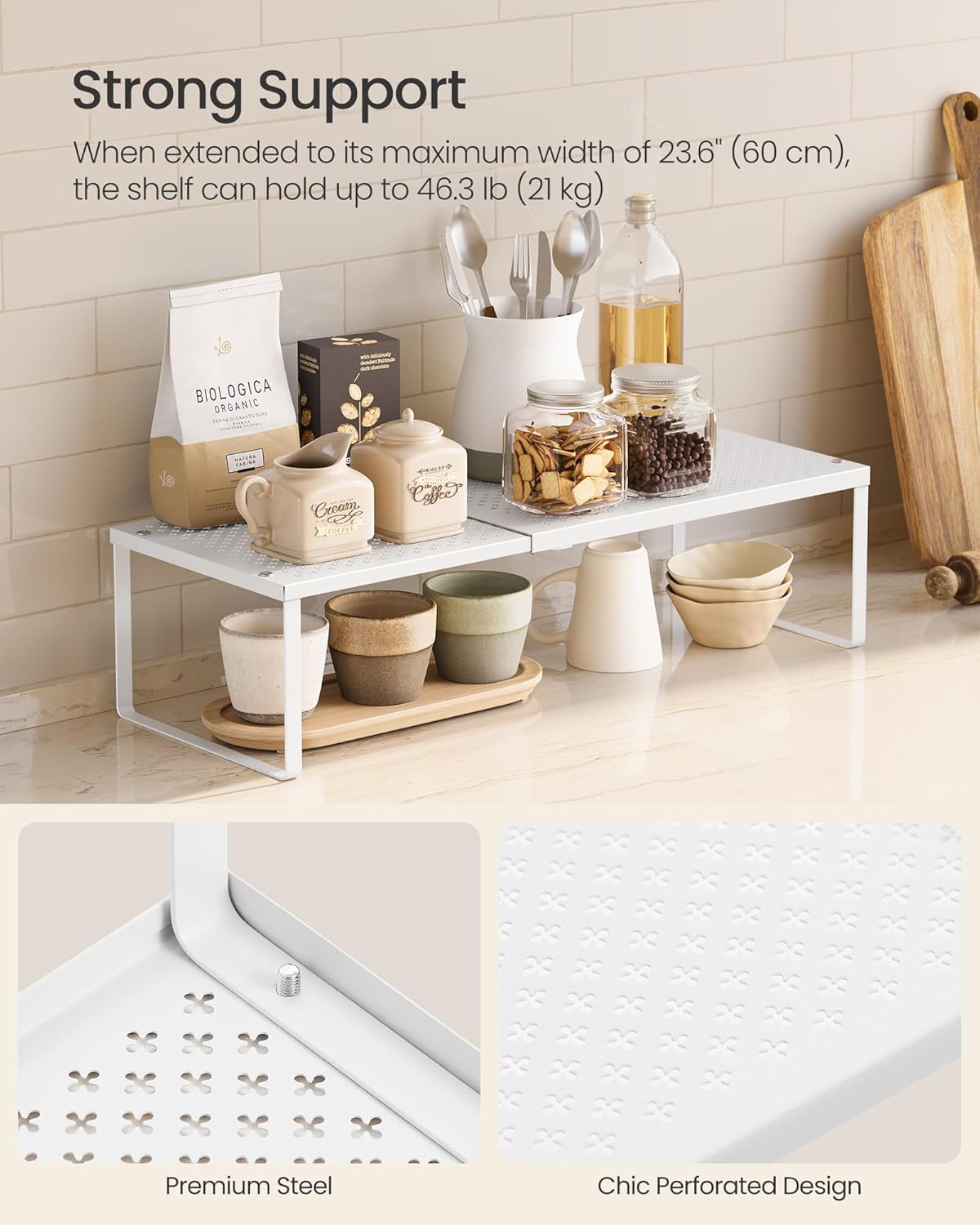 SONGMICS Spice Racks, Set of 2 Expandable Kitchen Countertop Shelves, Small Cupboard Organizers, Metal, Space-Saving Tabletop Shelves, Matte White UKCS402W01