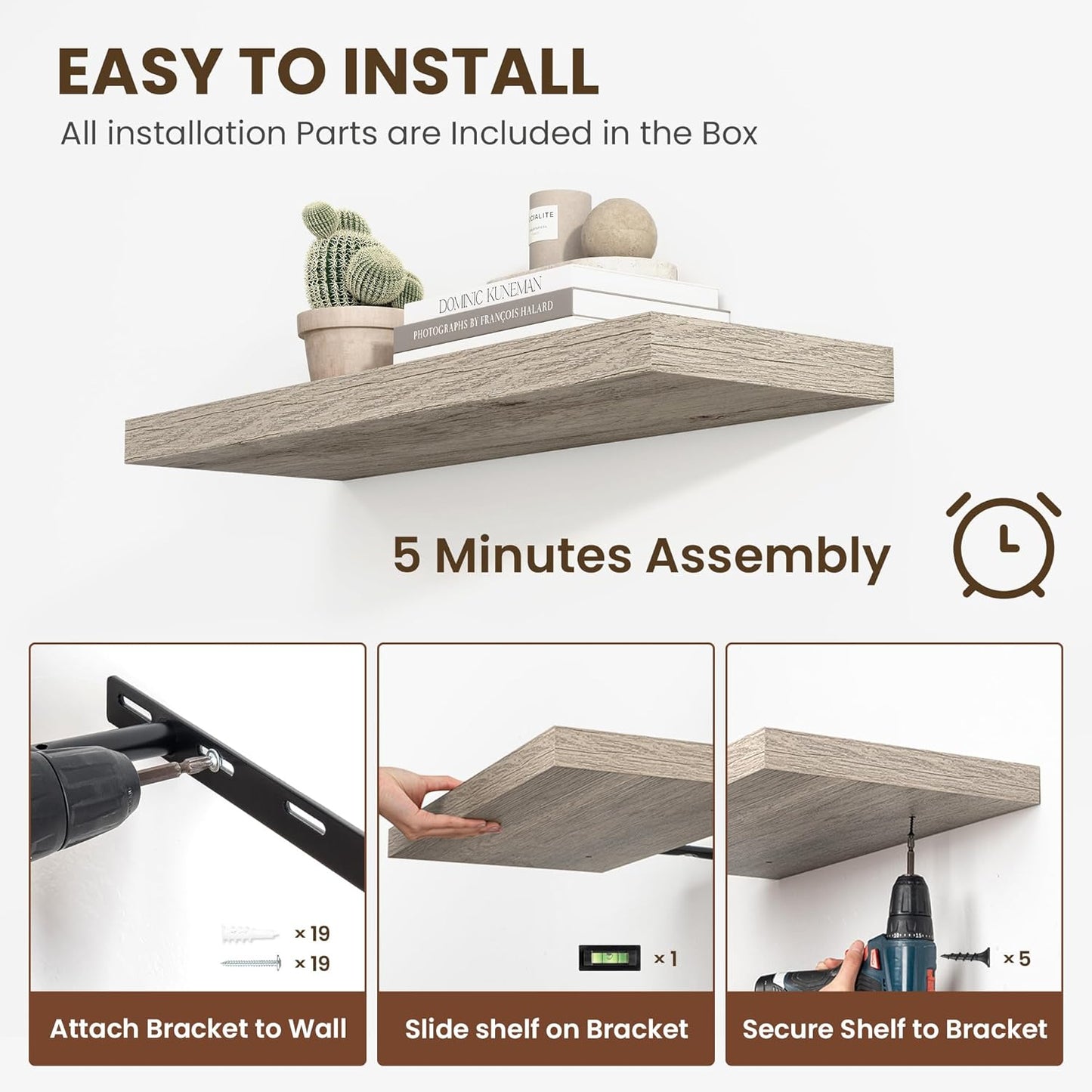 24 Inch Floating Shelves, 11.6 Inch Deep Floating Shelves for Wall, Floating Shelf with Invisible Brackets, Deep Shelves for Bathroom, Bedroom, Living Room, 2 Pack, Vintage Gray Oak