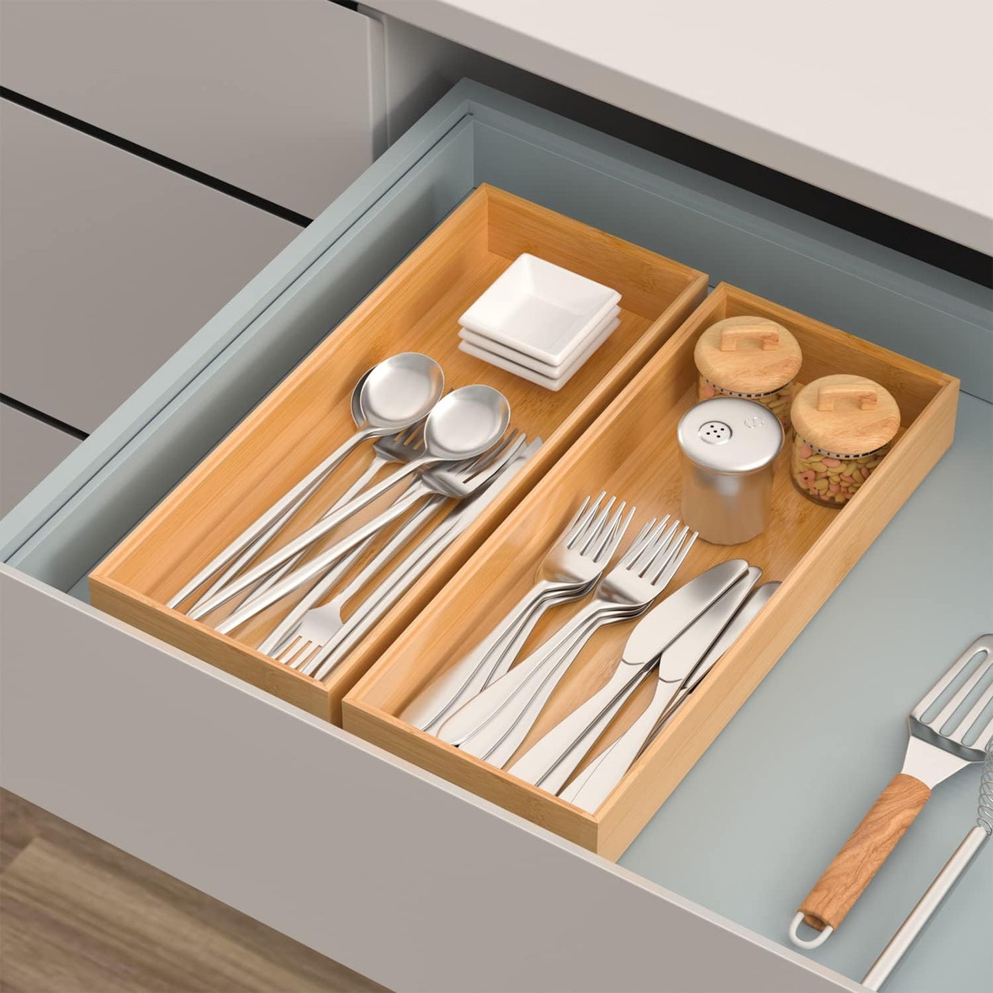 Bamboo Drawer Organizer, Stackable Utensil Organizer for Kitchen, Bamboo Storage Box Wood Silverware Tray for Drawer 15" x 6" x 2" Set of 2