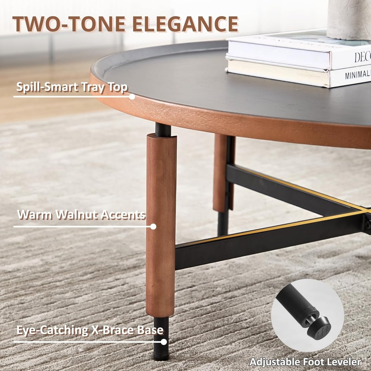 HEAH-YO Round Nesting Coffee Table Set of 2, Wood Tray Top Accent Table with Walnut Wrapped Metal Legs, Industrial & Farmhouse Side Table for Living Room/Office Reception, Black