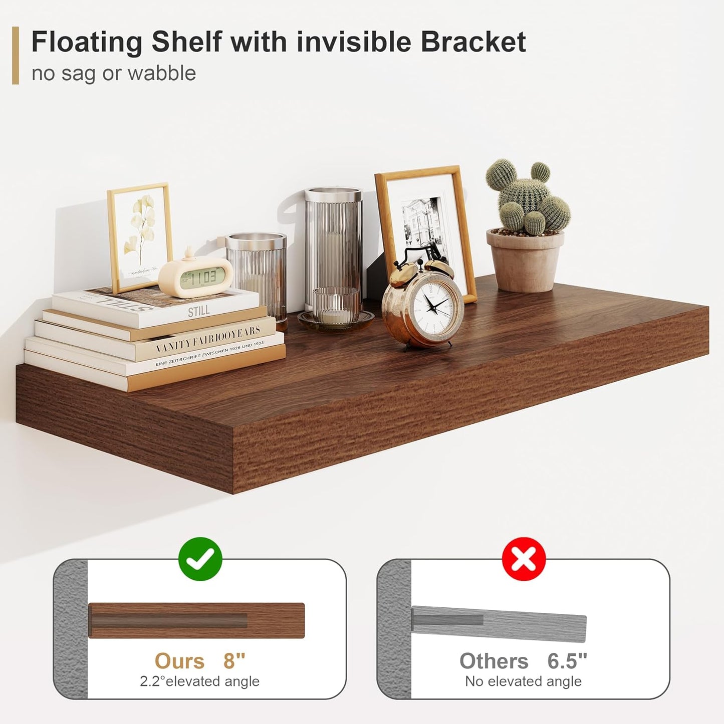 Heimlove 12" Deep Floating Shelves for Wall, 24 Inch Wall Shelf Bathroom Shelves Set of 1, Wall Mounted Shelves for Books Living Room Laundry Room Bedroom Kitchen Home Office, Walnut