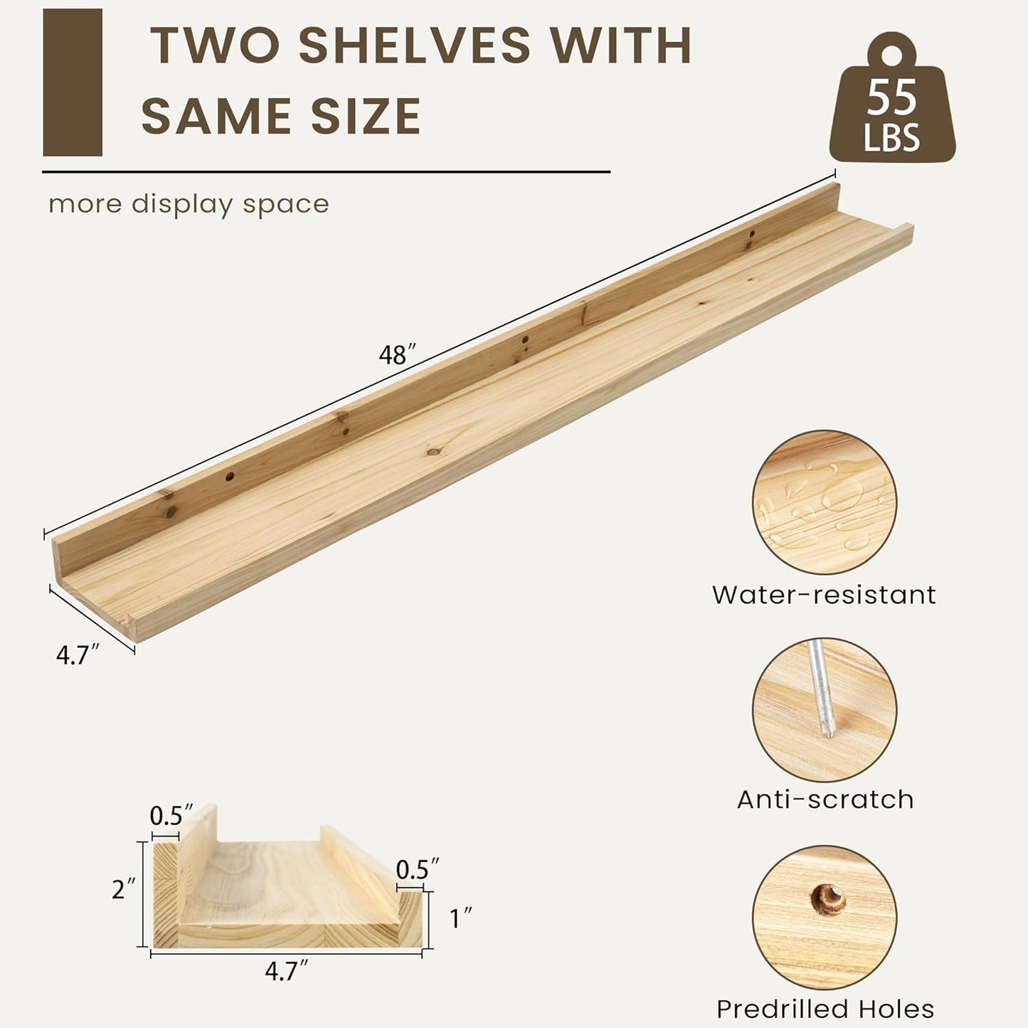 Floating Shelves for Wall, Picture Ledge Shelf 48 Inch Solid Wood Set of 2, Rustic Wall Shelves with Lip, Kids Bookshelf, Photo & Picture Live Edge Floating Shelves for Bedroom, Living Room, Kitchen
