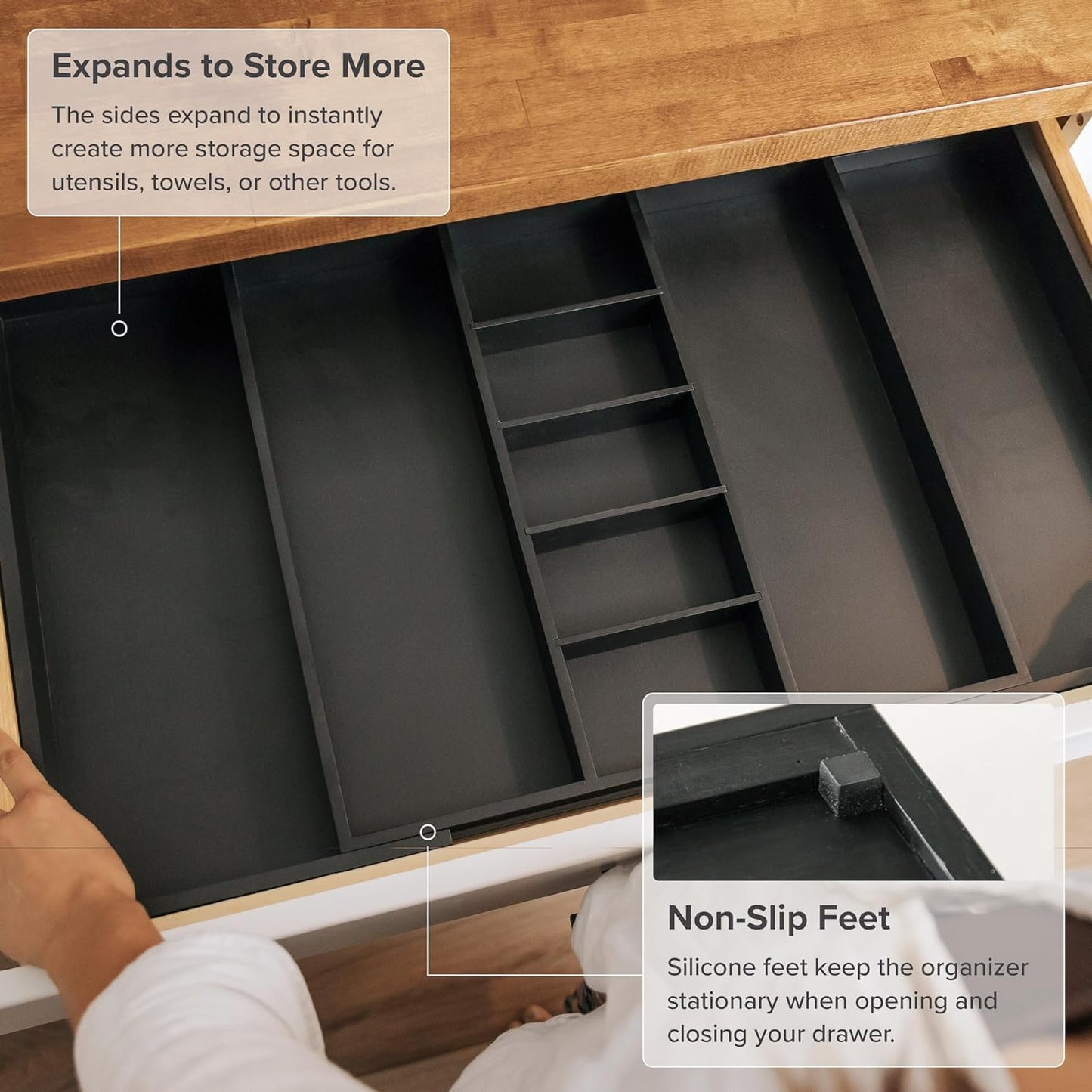 Adjustable Kitchen Drawer Organizer for Utensils and Junk, Food-Safe Contract Grade with 100% Sustainable Wood, Expandable from 19 to 33 Inches Wide - Black Bamboo