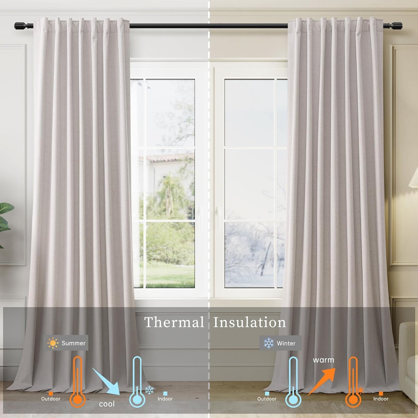 BOODII Full Blackout Curtains 90 Inches Long Room Darkening Curtain for Bedroom Sliding Door Thermal Insulated Black Out Curtains & Drapes Champagne Neutral Linen 2 Panels Set Back Tab 52x90