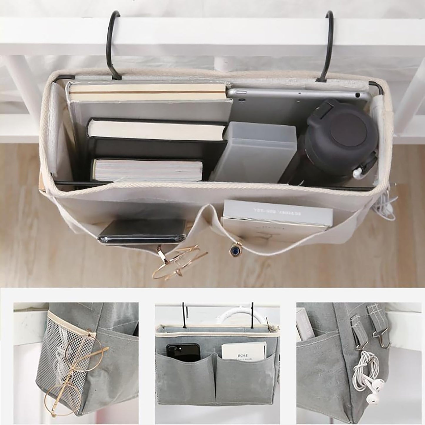 2-Pack Bedside Caddy, Bedside Hanging Storage Organizer for College Dorm Beds, Bunk Beds and Hospital Beds Rails, The Hanging Basket Can be Placed Magazine, Books, Phones,kettle, Glasses (Grey)