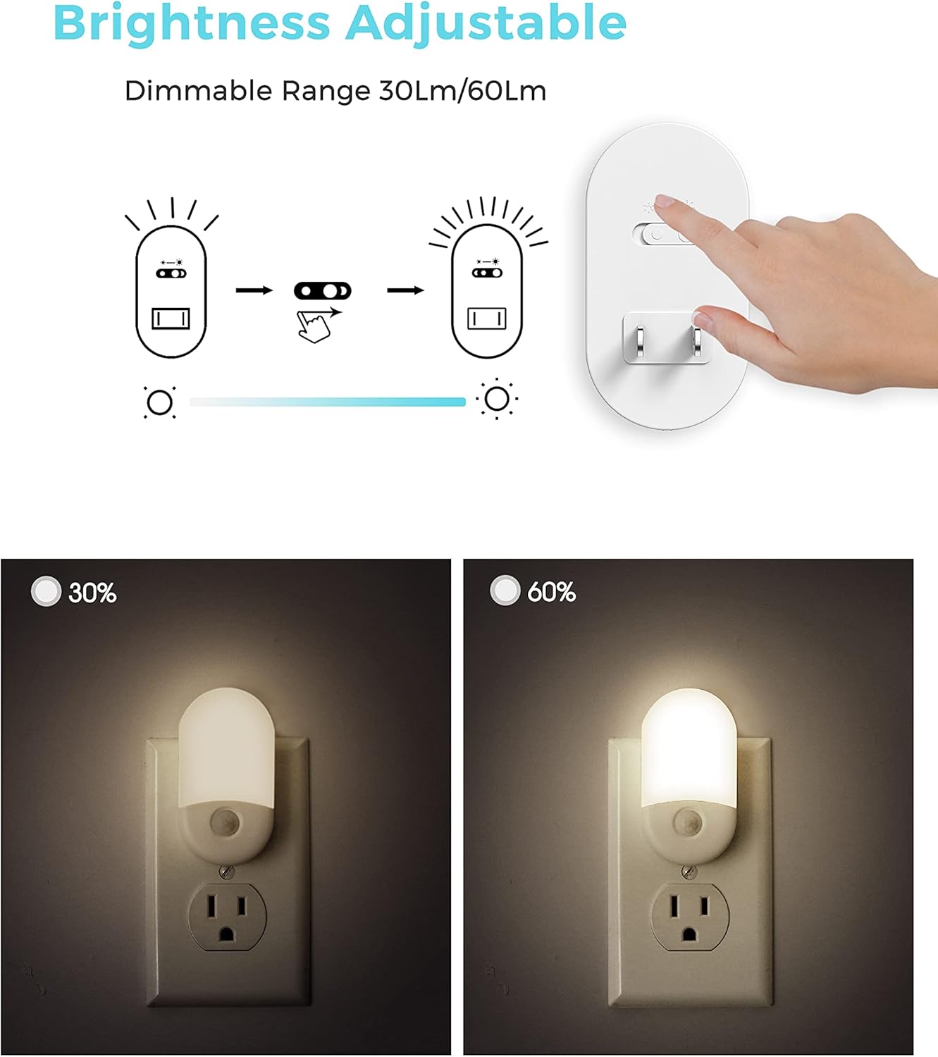 L LOHAS LED Motion Sensor Night Light Plug in, Motion Activated Night Light, 5000K Daylight White, Night Light Plug Into Wall, Adjustable Brightness, Night Light for Bathroom, Kids, Hallway, 4 Pack