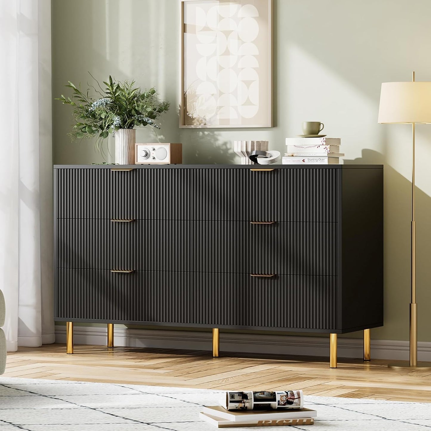 GAOMON 6 Drawer Dresser, Wood Chest of Drawers Organizer Storage with Gold Handle, Large Storage Cabinet, Modern Design Dresser for Bedroom, Living Room, Closet, Hallway, Entryway, Black
