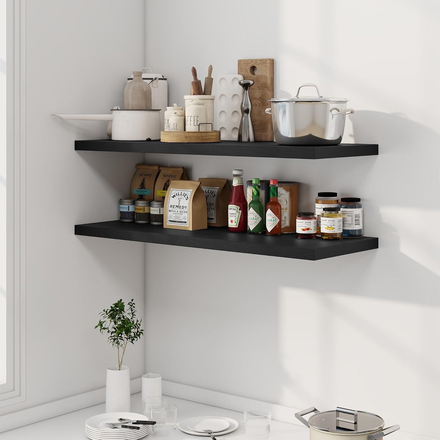 40" Floating Shelves for Wall, 12" Deep Slim Black Floating Shelves, Wall-Mounted Shelves for Bedroom, Living Room, Kitchen, Bathroom - Set of 2