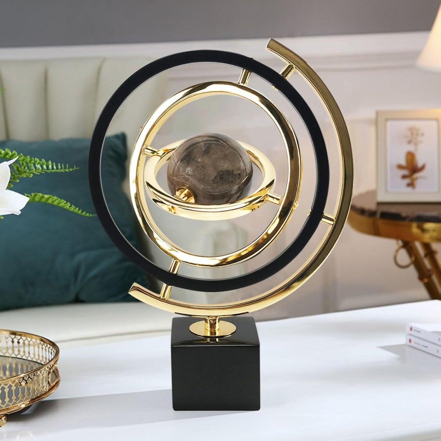 homary Modern Sculpture Decor Abstract Art Decoration Metal Globe Ornament Living Room Decor with Rectangle Stand Black & Gold