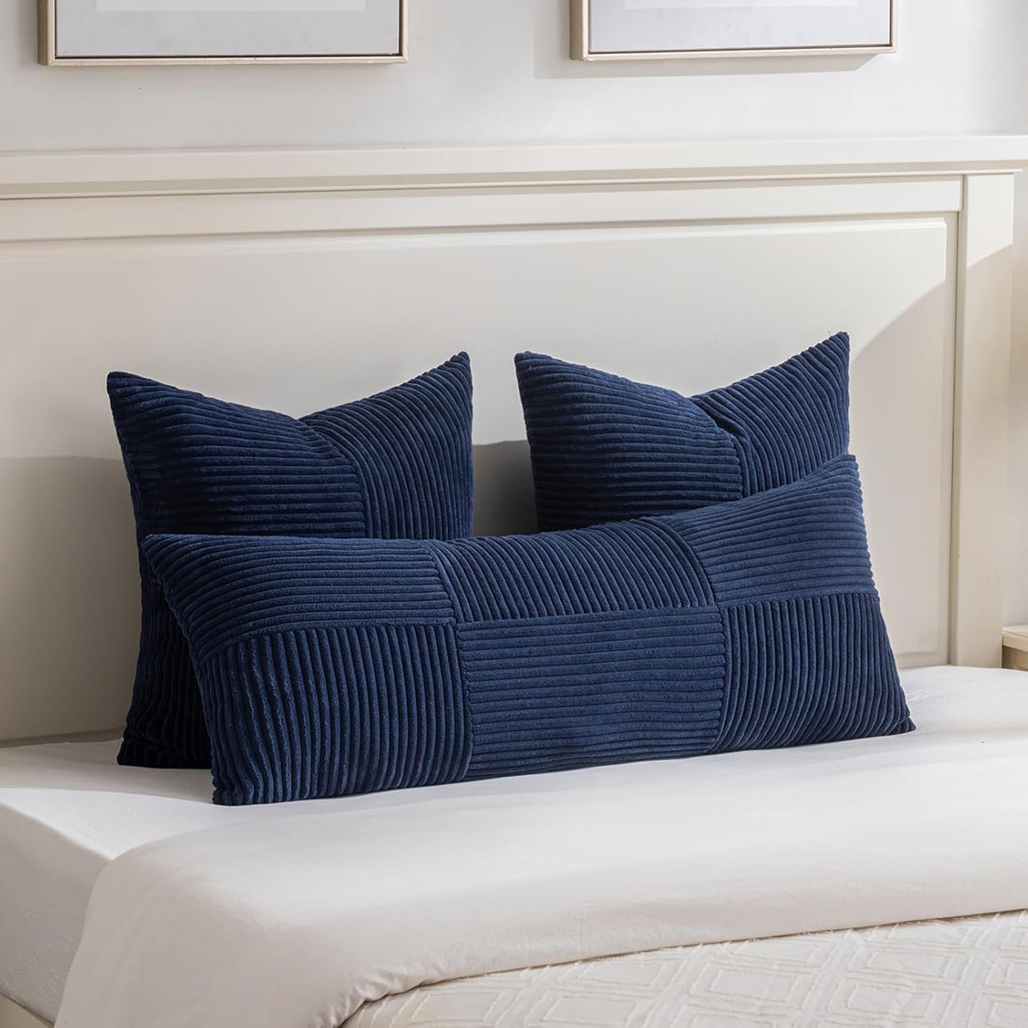 Fancy Homi 2 Packs Navy Blue Euro Decorative Throw Pillow Covers 26x26 Inch for Living Room Couch Bed, Farmhouse Boho Home Decor, Soft Corss Corduroy Patchwork Textured Square Cushion Case 66x66 cm