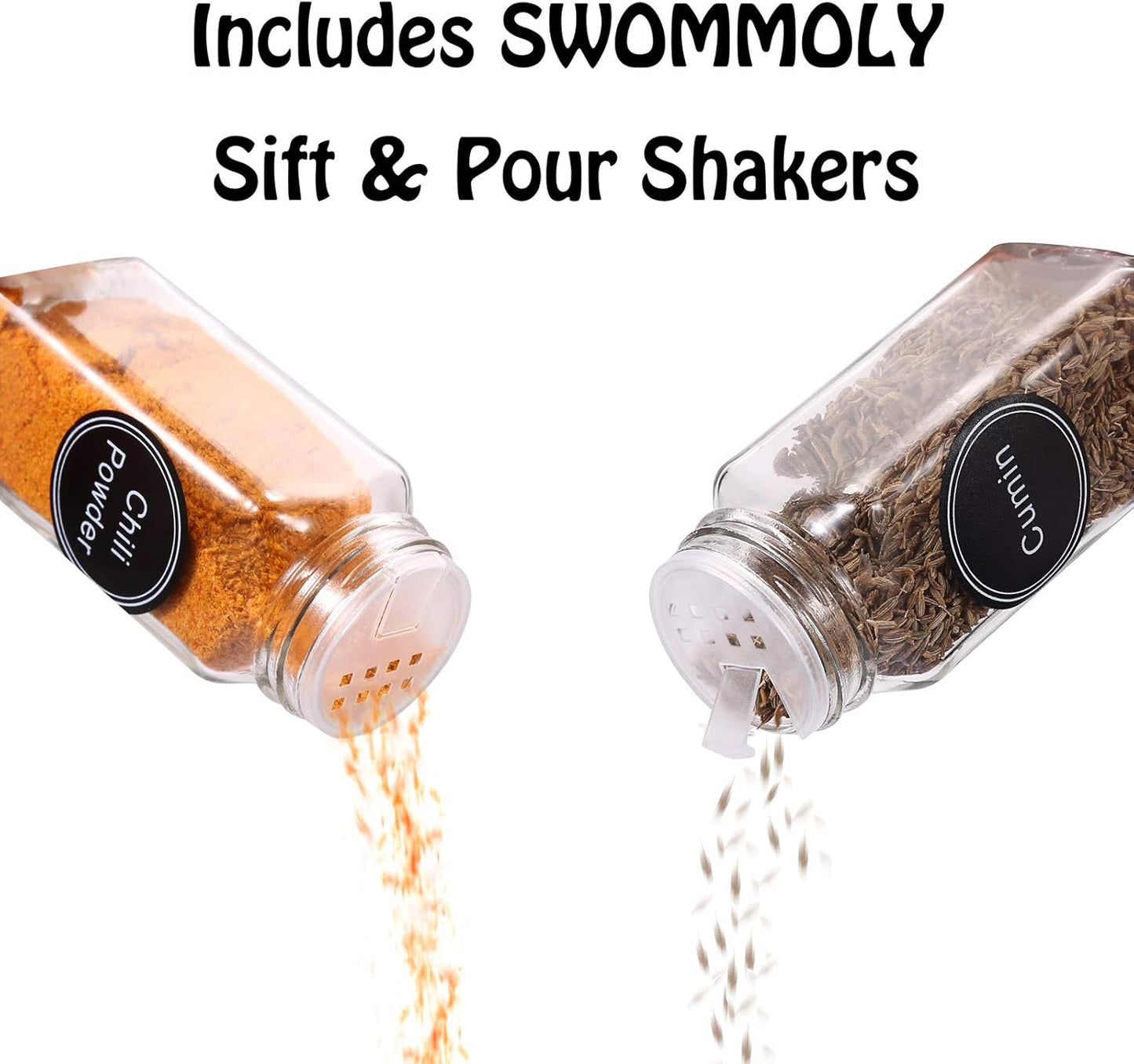 SWOMMOLY Spice Rack Organizer with 36 Empty Square Spice Jars, 396 Spice Labels with Chalk Marker and Funnel Complete Set, for Countertop, Cabinet or Wall Mount,Silver