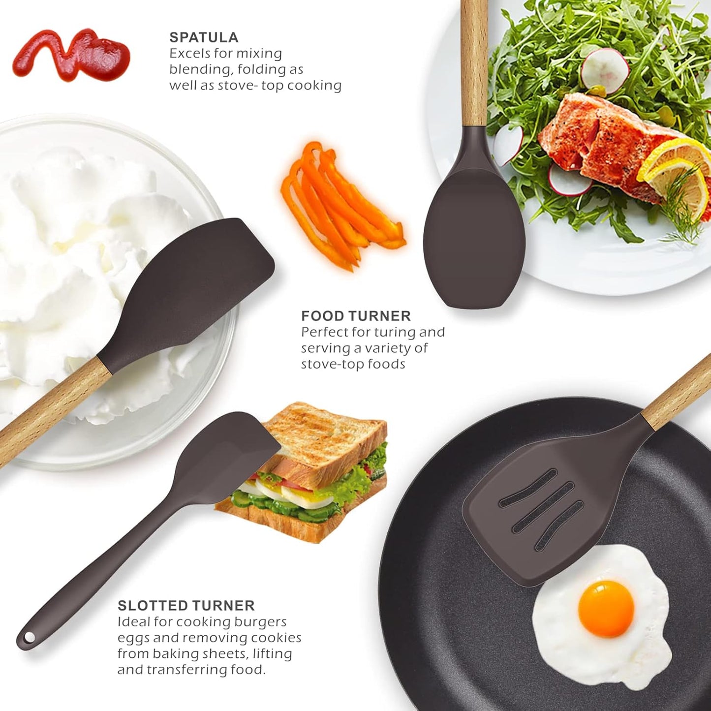 Silicone Cooking Utensils Set - 446°F Heat Resistant Silicone Kitchen Utensils for Cooking,Kitchen Utensil Spatula Set w Wooden Handles and Holder for Non-Stick Cookware, BPA FREE (Coffee)