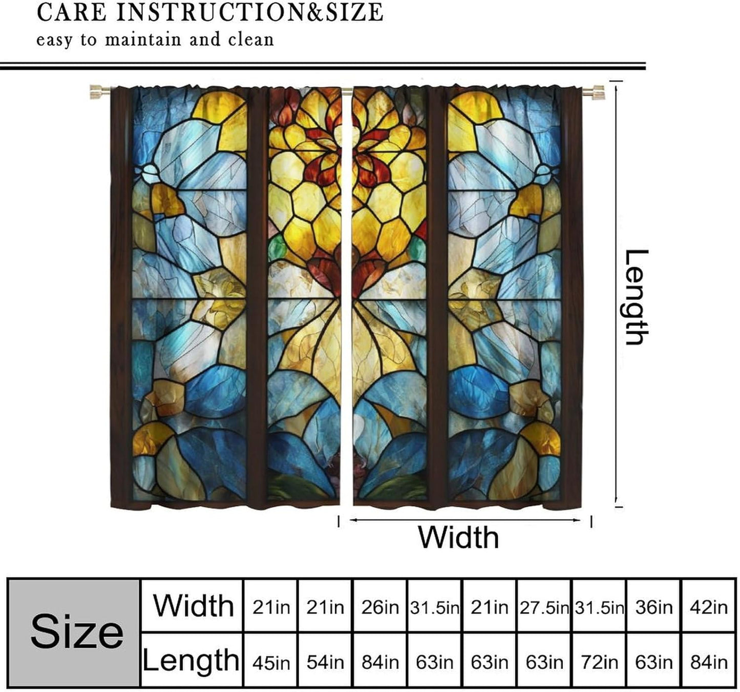 Stained Glass Curtains,Retro Abstract Colorful Art Home Decor Drapes for Bedroom Living Room Kitchen Window Treatment 2 Panels Set Total Size 72" W X 63" L Inch