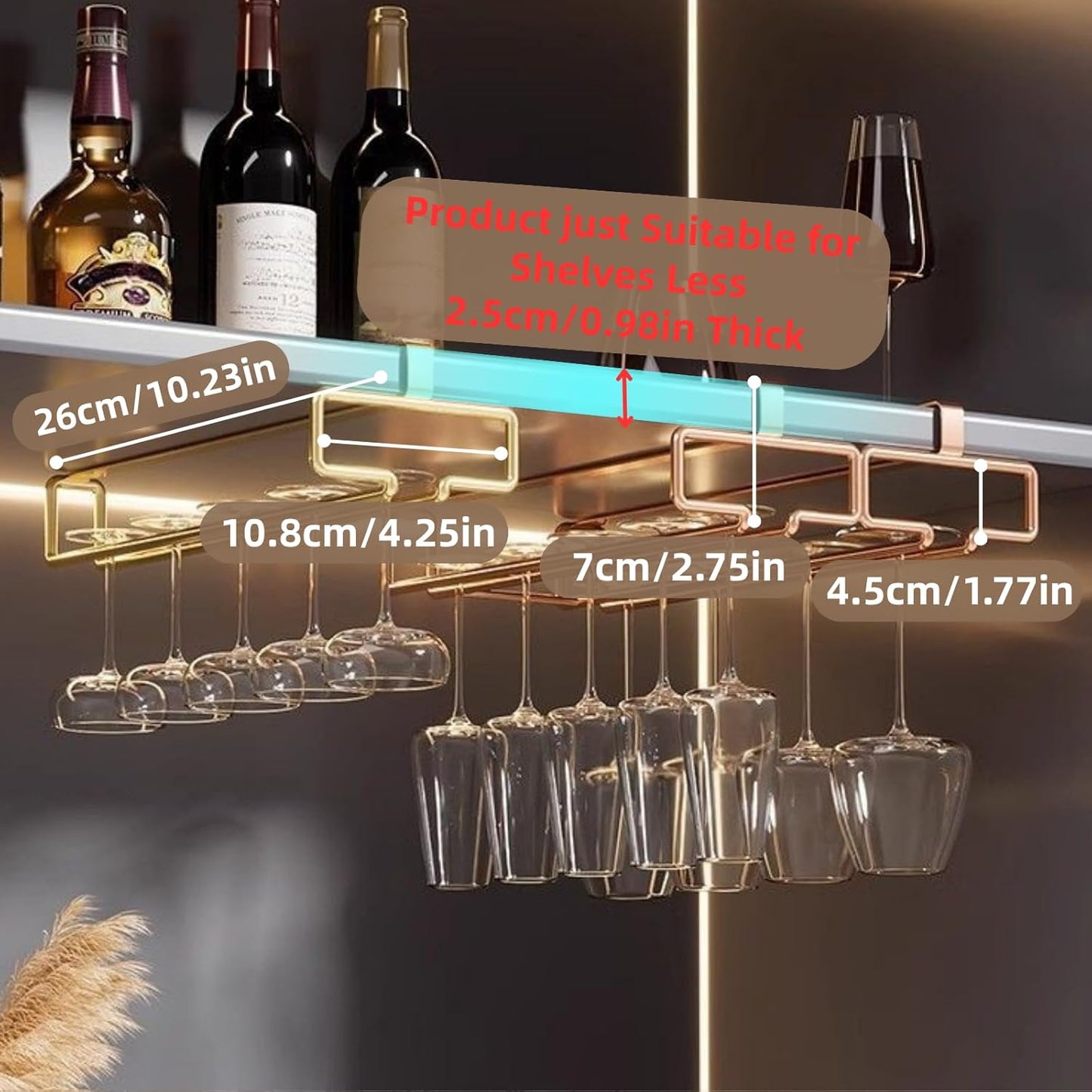 LINFIDITE 2 Pack Under Cabinet Wine Glass Rack Rose Gold Wine Glass Holder Stemware Rack Hanger Kitchen Hanging Storage Rack Organizer