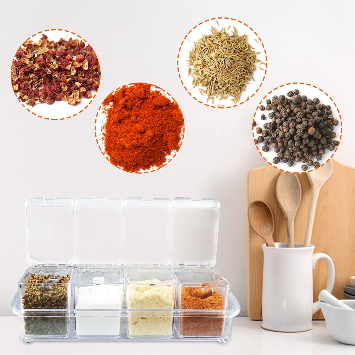 XIUDI Clear Seasoning Rack Spice Pots-4 Pieces Clear Seasoning Storage Container for Spice Salt Sugar Cruet.Acrylic Seasoning Box, Cruet with Cover and Spoon
