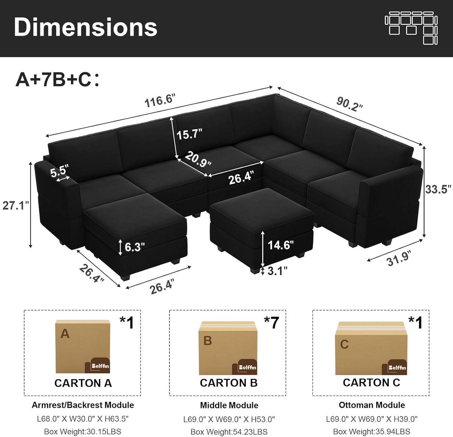 Belffin Modular Sectional Sofa with Storage Seat Oversized U Shaped Couch with Reversible Chaise Sofa Set with Ottoman Velvet Black