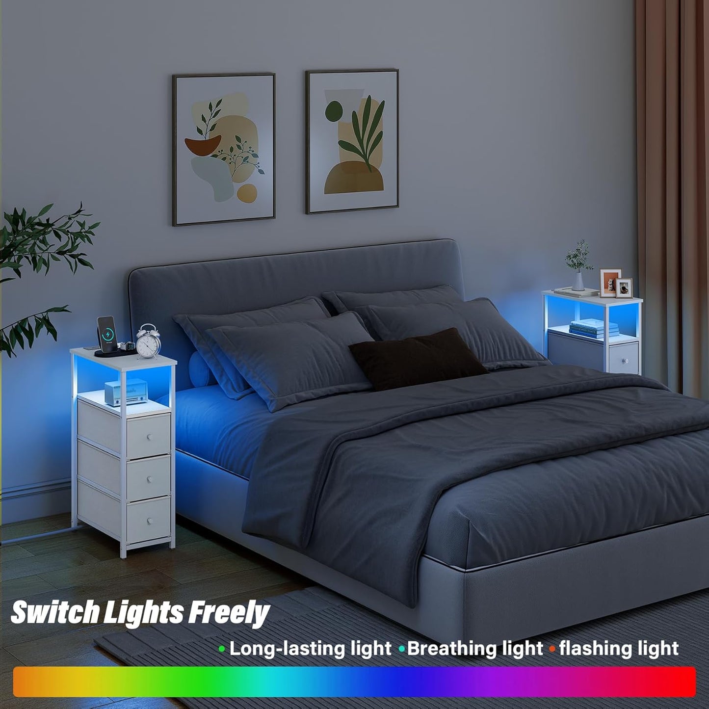 TUTOTAK Narrow LED Night Stand with Charging Station, Slim End Table with Plugins, Tall Side Table with 3 Fabric Drawer, Small Bedside Table with Storage, for Living Room, White TB01BW086L