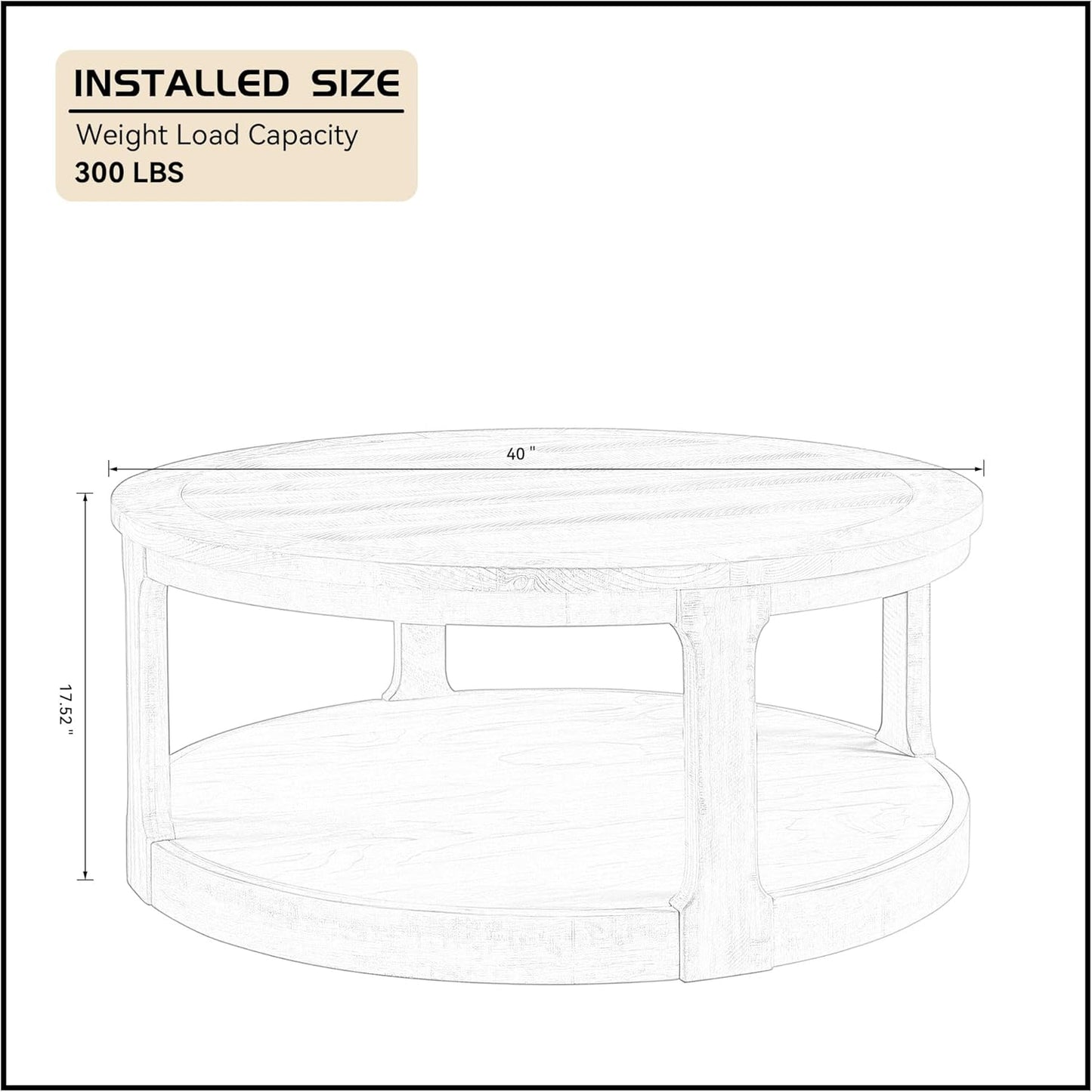 WILLIAMSPACE 40" Round Coffee Table with Wheels, Circle 2 Tier Solid Wood Center Coffee Table, Mid Century Retro Farmhouse Rounded End Table for Living Room Apartment, ø40 x 17.52" H (Oak)