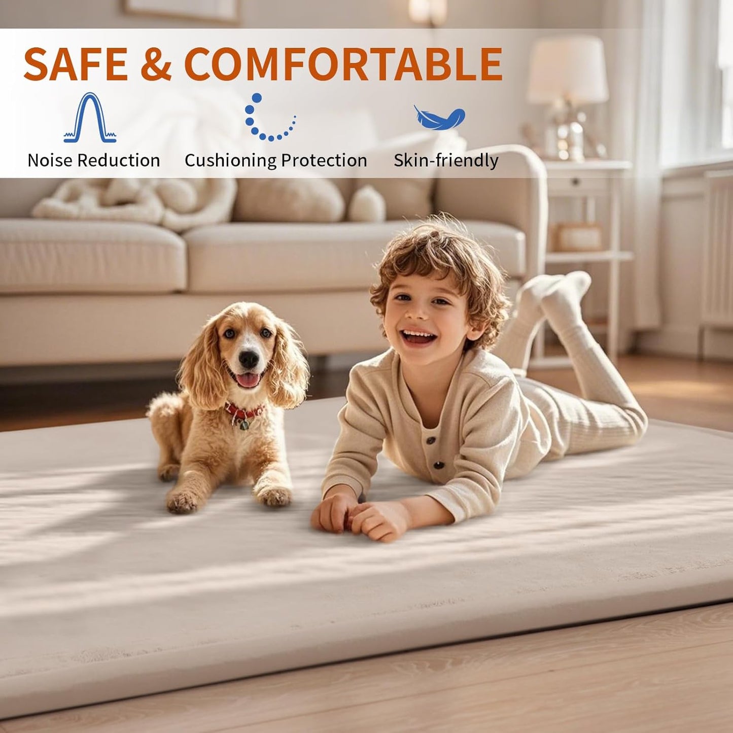 ACOMOPACK Baby Play Mat for Floor,1.3" Thick Memory Foam Area Rug for Living Room,Soft Velvet Crawling with Non-Slip Bottom for Kid,Toddler,79"×118" Tummy Time Nursery Rugs,Yoga（Beige）
