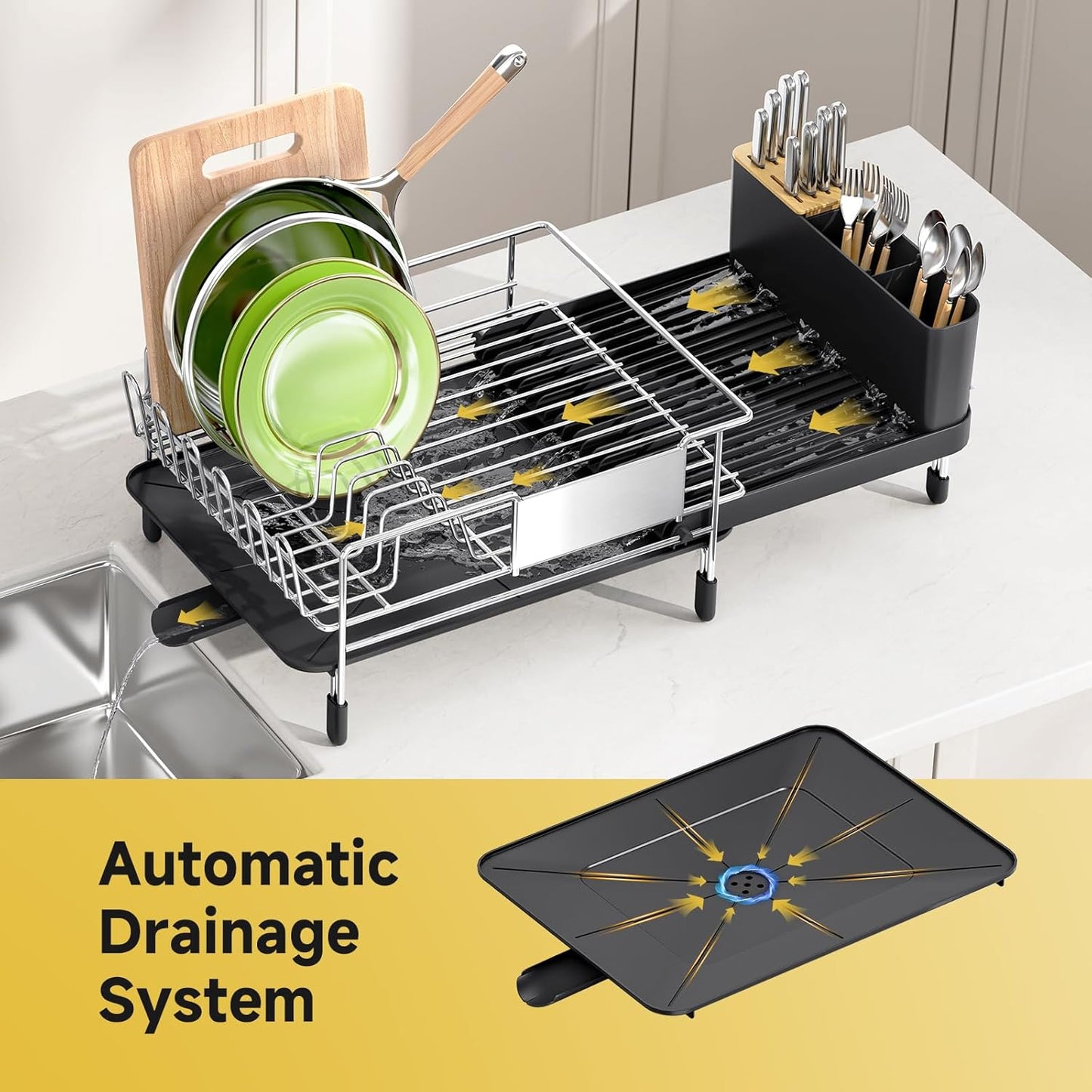 Dish Drying Rack, Expandable Stainless Steel Dish Rack with Drainboard Set Kitchen Sink Organizer for Counter, Large Capacity Kitchen Accessories, Smooth Water Flow