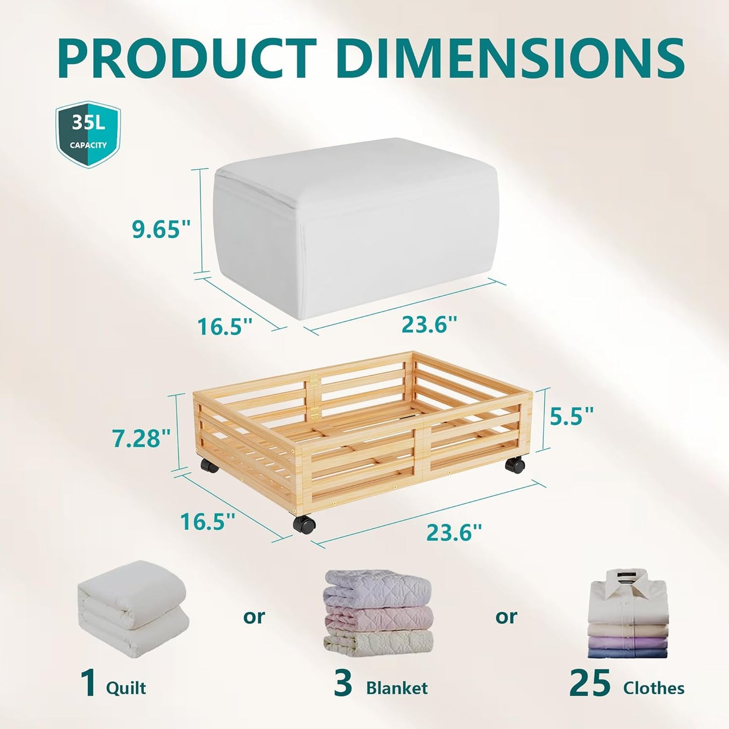 Bamboo Under Bed Storage Containers- Underbed Organizer with Wheels with Large Dust Bag,Sturdy Wood Rolling Under the Bed Shoe Storage Organizer Drawer 2 Packs (Nature, Small)