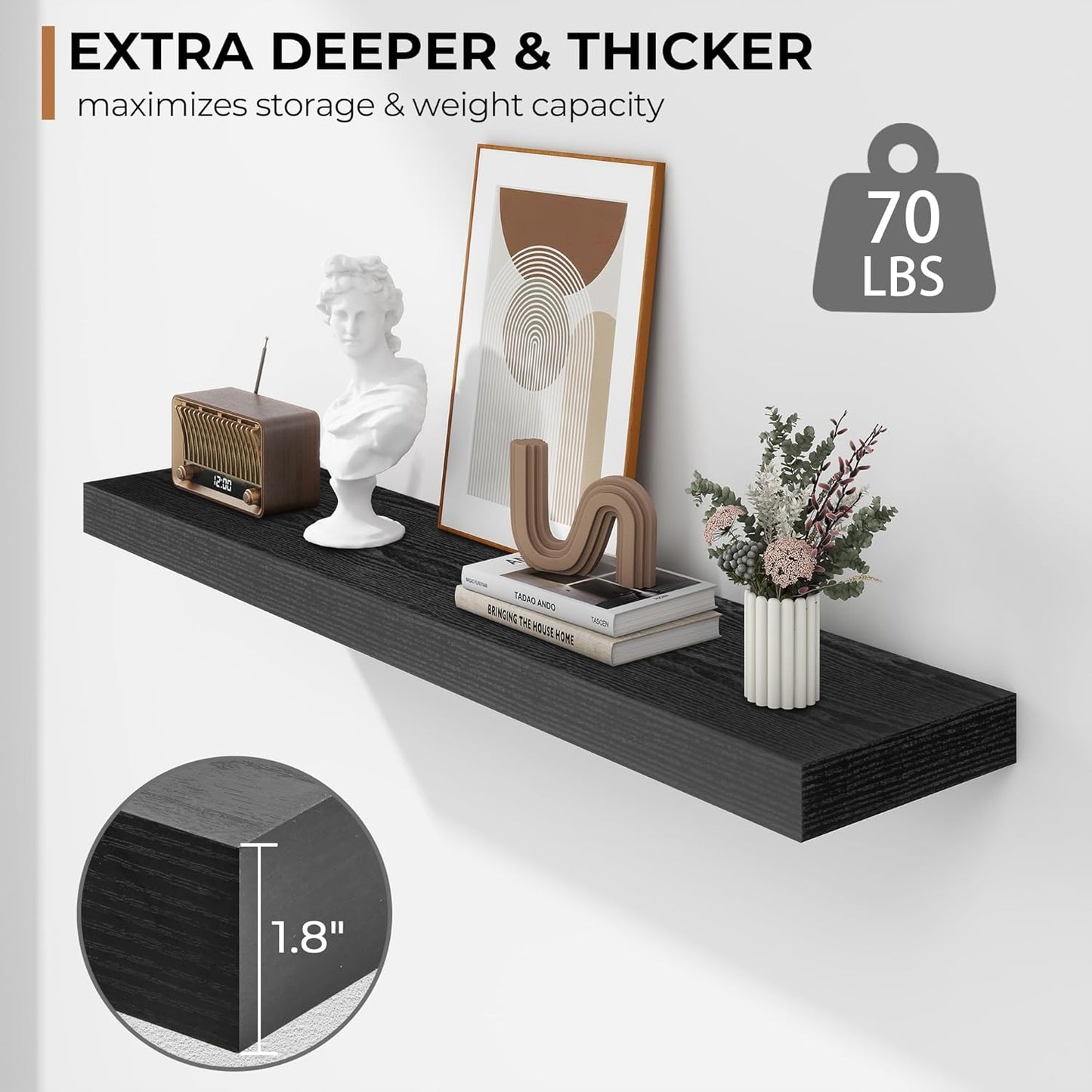 Fun Memories 36 Inch Floating Shelves - Deep Rustic Black Wooden Wall Shelves - Extra Deeper & Thicker Wall Mounted Storage Shelf for Bedroom, Kitchen, Farmhouse - 2 Pack, Rustic Black