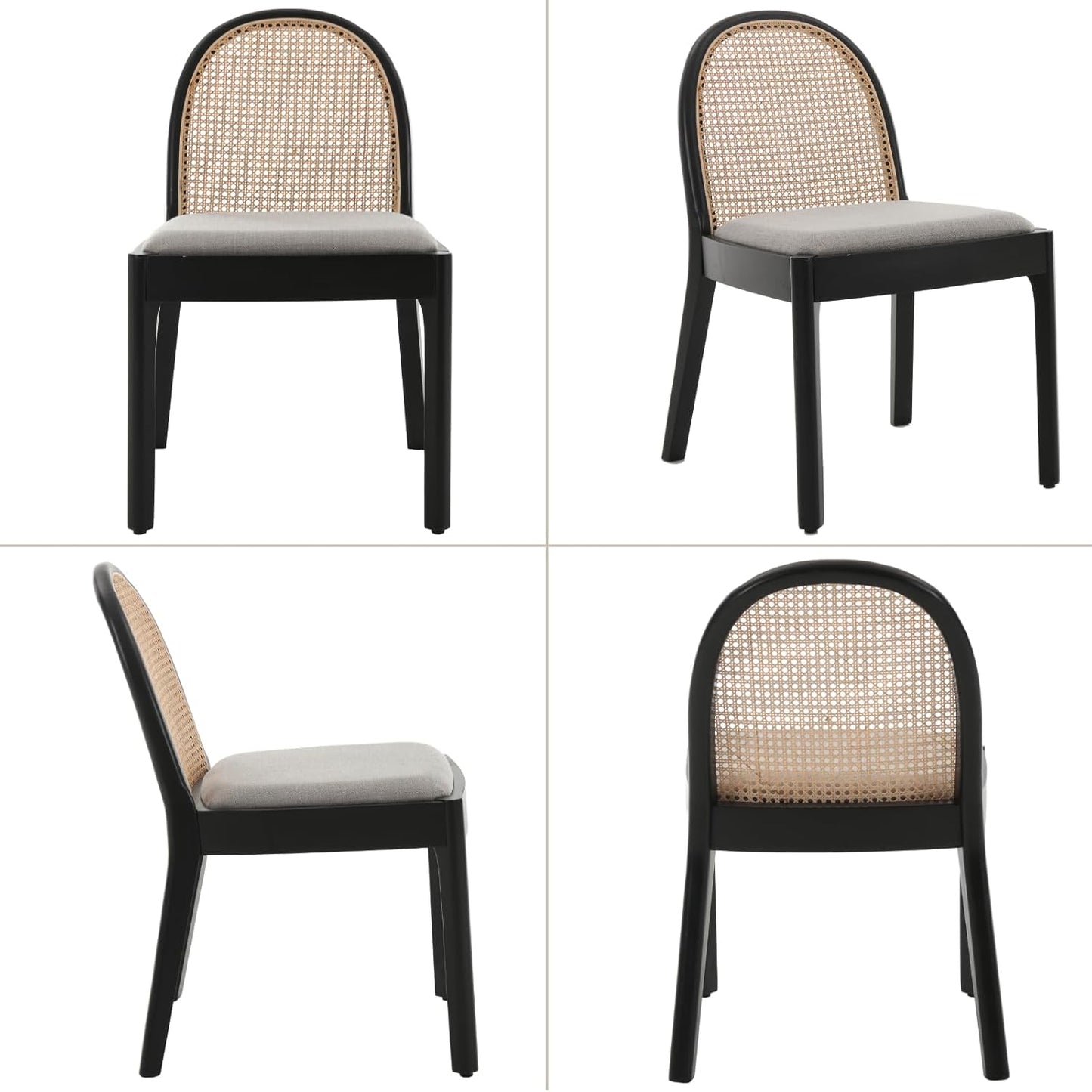 Mid Century Dining Chairs Set of 2, Accent Rattan Side Chairs Linen Fabric Kitchen Chair with Solid Wooden Legs for Living Room Dining Room, Grey