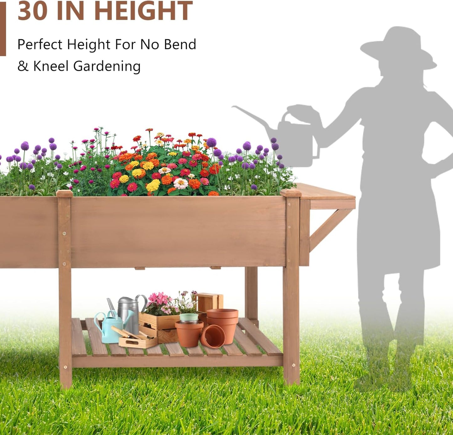 Raised Garden Bed with Legs Outdoor,Elevated Garden Box,Storage Shelf, Protective Liner for Backyard,Patio,Balcony,80x23x30in (Brown)