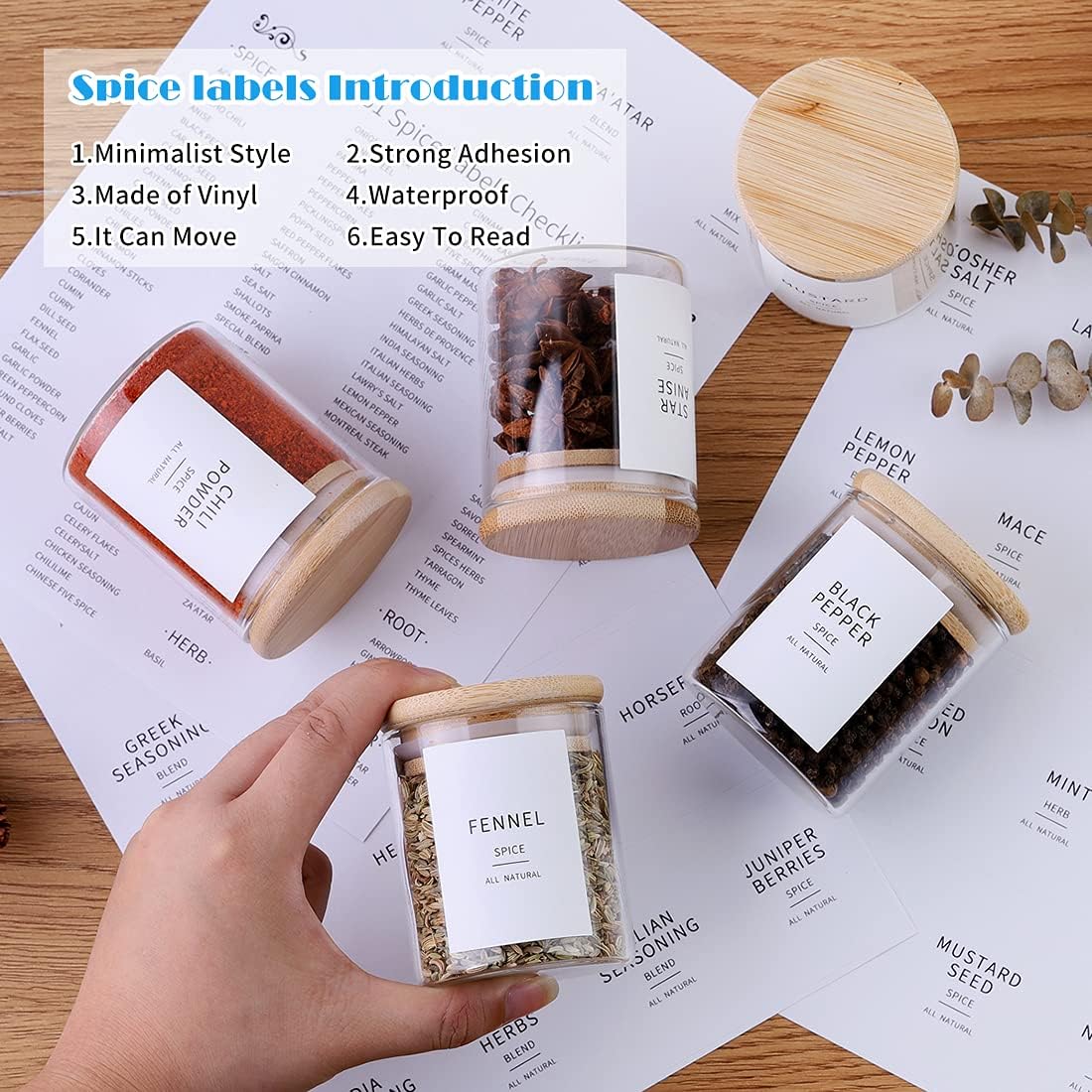 Glass Spice Jars with Bamboo Lids - 20 Pcs Thicken(2.4mm) 6oz Airtight Seasoning Containers with 131 Waterproof Minimalist Spice labels Preprinted - Small herb Jars for Pantry Organization and Storage