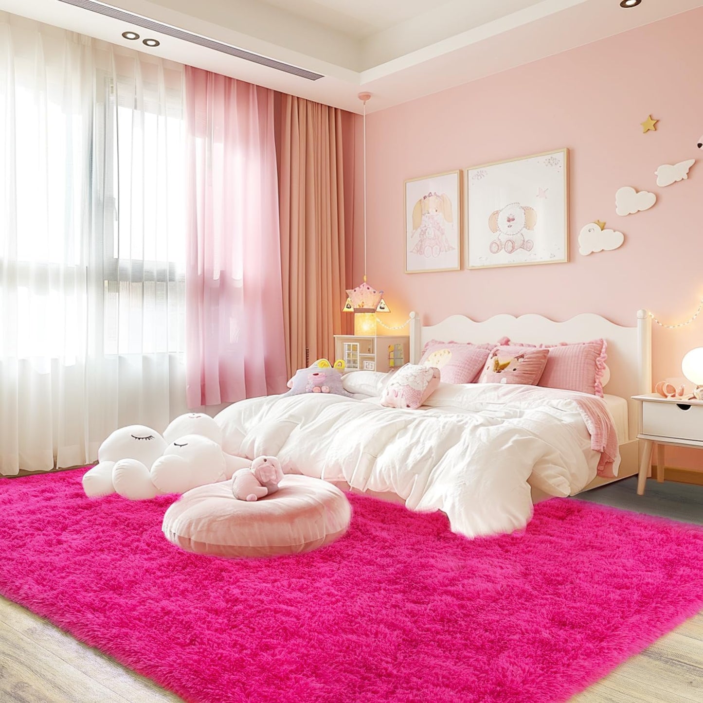 Rezutan Soft Fluffy Rug for Living Room Bedroom, Large Comfy Modern Shaggy Fuzzy Kids, Plush Indoor Nursery Classroom Home Decor Bedside Rug with Non-Slip Bottom, Hot Pink, 5X7 Feet