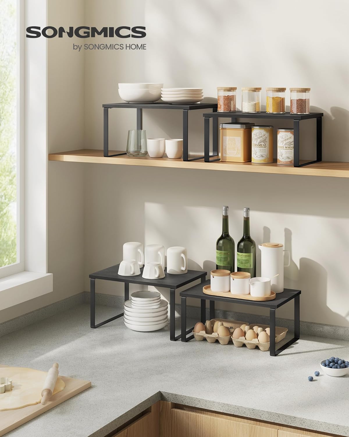 SONGMICS Cabinet Organizer Shelf, Set of 2 Kitchen Counter Shelves, Kitchen Storage, Spice Rack, Stackable, Expandable, Metal and Engineered Wood, Ink Black and Charcoal Black UKCS02B01