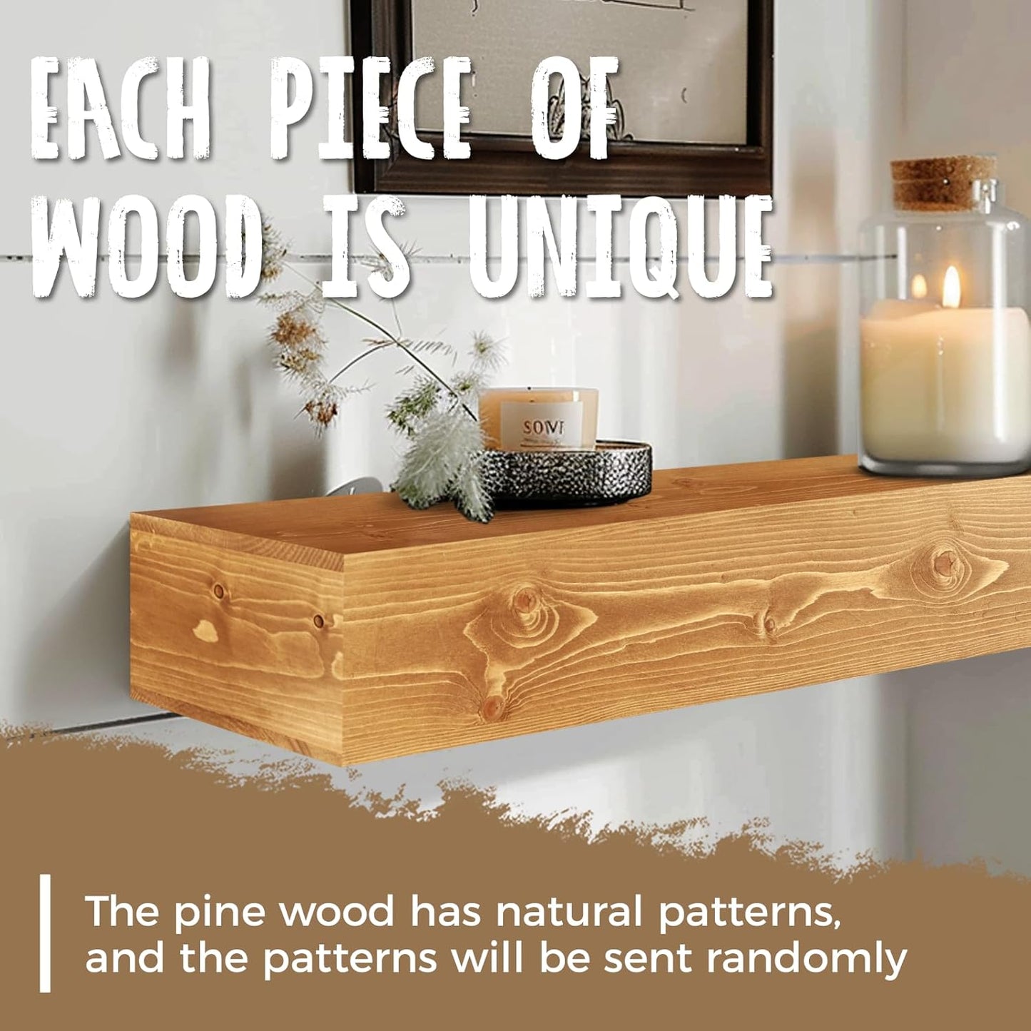 60x8x5 Fireplace Mantel - Handcrafted Rustic Solid Wood Wall Mounted Floating Shelf with Invisible Heavy Duty Wood Bracket (Natural)