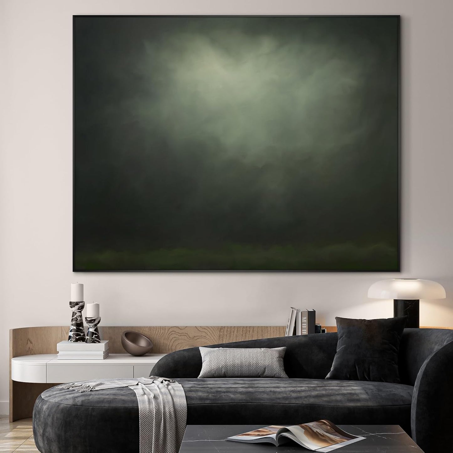SIGNWIN 46"x60" Extra Large Framed Wall Art Moody Green Abstract Cloudscape, Minimalist Atmospheric Print for Home Living Room Bedroom Decor (Frame Assembly Required)