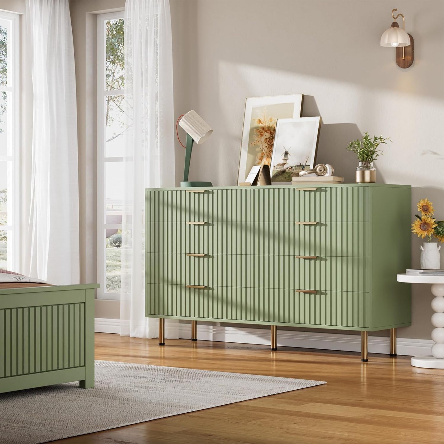 8 Drawer Dresser for Bedroom, Fluted 55" Wide Modern Chest of Drawers with Deep Drawers, Wooden Dresser Organizer for Living Room, Hallway, Kids Room, Green