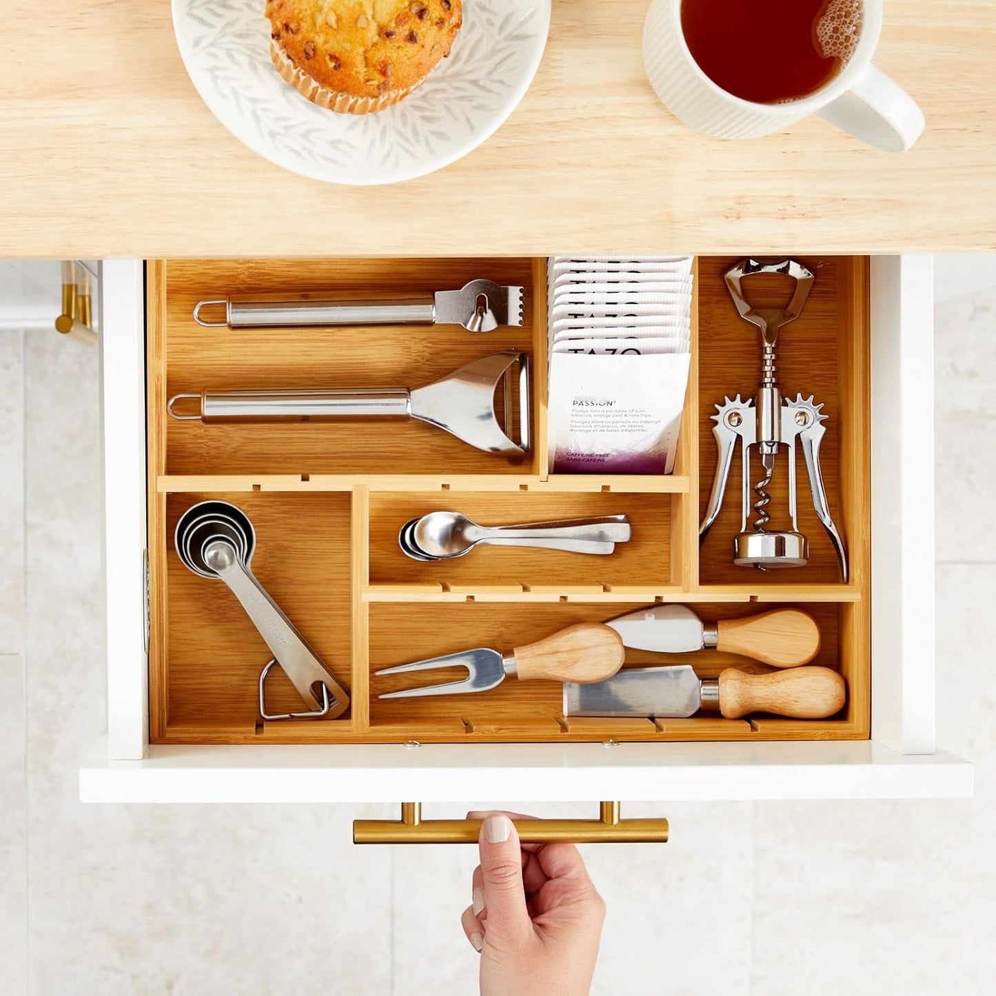 Juvale Drawer Organizer Tray - 14 x 10 x 2 In Brown Bamboo - 8 Adjustable Dividers for Custom Storage - Silverware & Utensil Organizer - Desk Drawer Divider - Versatile Wooden Divided Tray