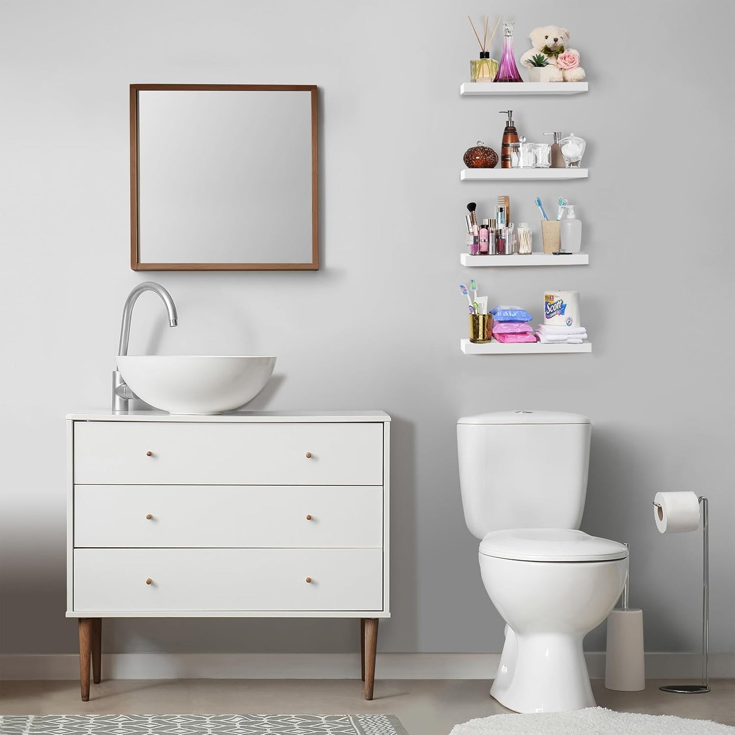 Sorbus Floating Shelves for Wall, Bathroom Shelves Wall Mounted for Kitchen, Bedroom, Living Room, Bathroom Storage, Over Toilet, Hanging Book Shelf for Wall Home Decor (White, 4 Pack)