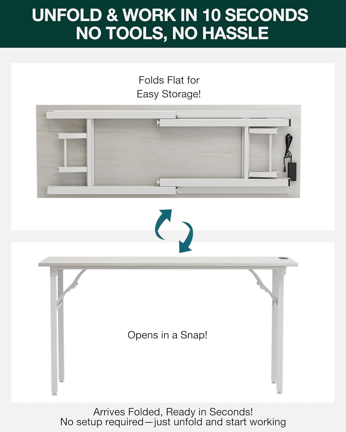 Frylr Small Folding Computer Desk – 55.1 Inch Portable Table for Craft and Study, Lightweight Desk for Small Spaces, Foldable Laptop Table Built-in AC/USB Outlets for Convenience, White Ash